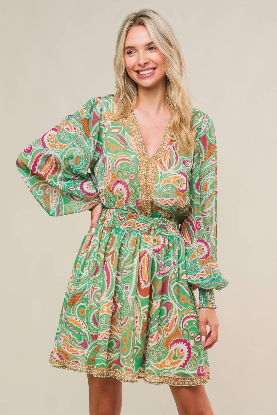 Long Sleeve Paisley Green Mini Dress