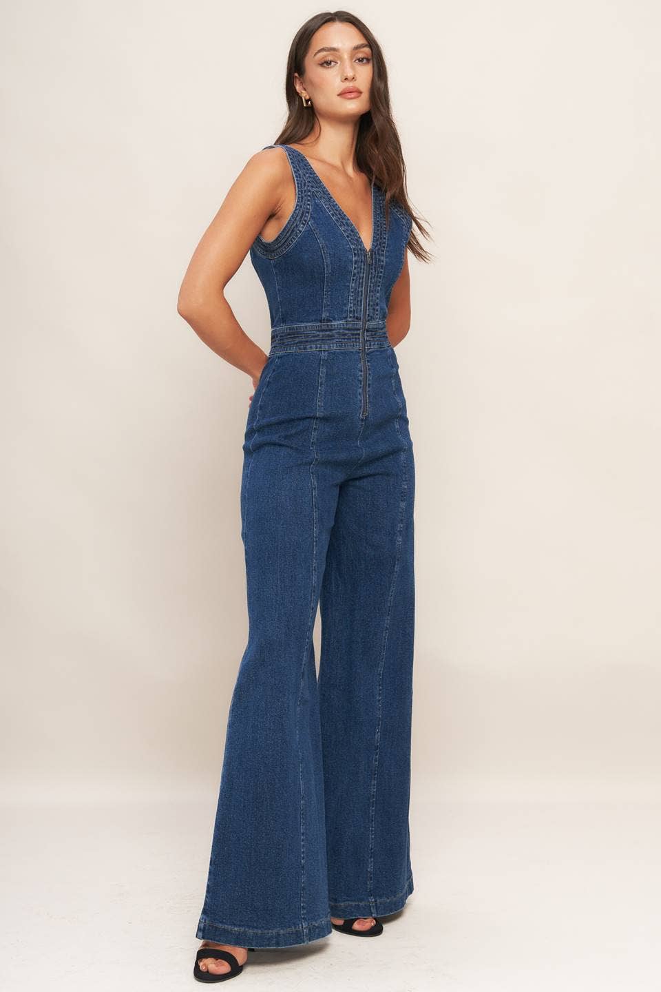 V Neck Denim Jumpsuit