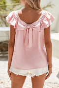 Textured Bow Knot Frilled Butterfly Sleeve Blouse - Pink or Blue