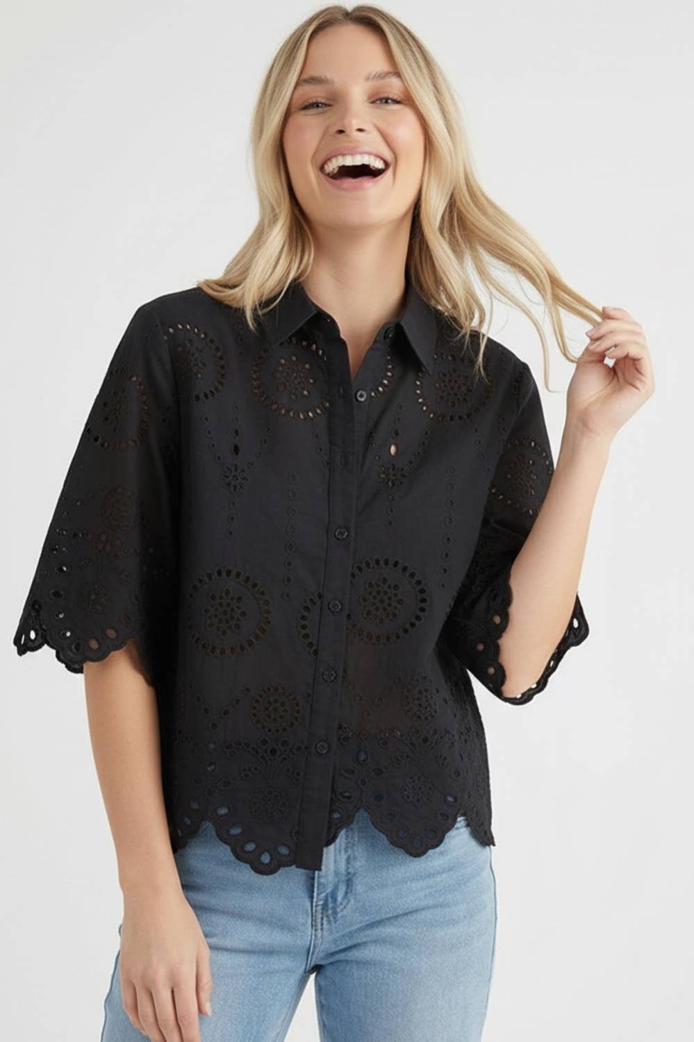 Button Down Eyelet Lace Blouse