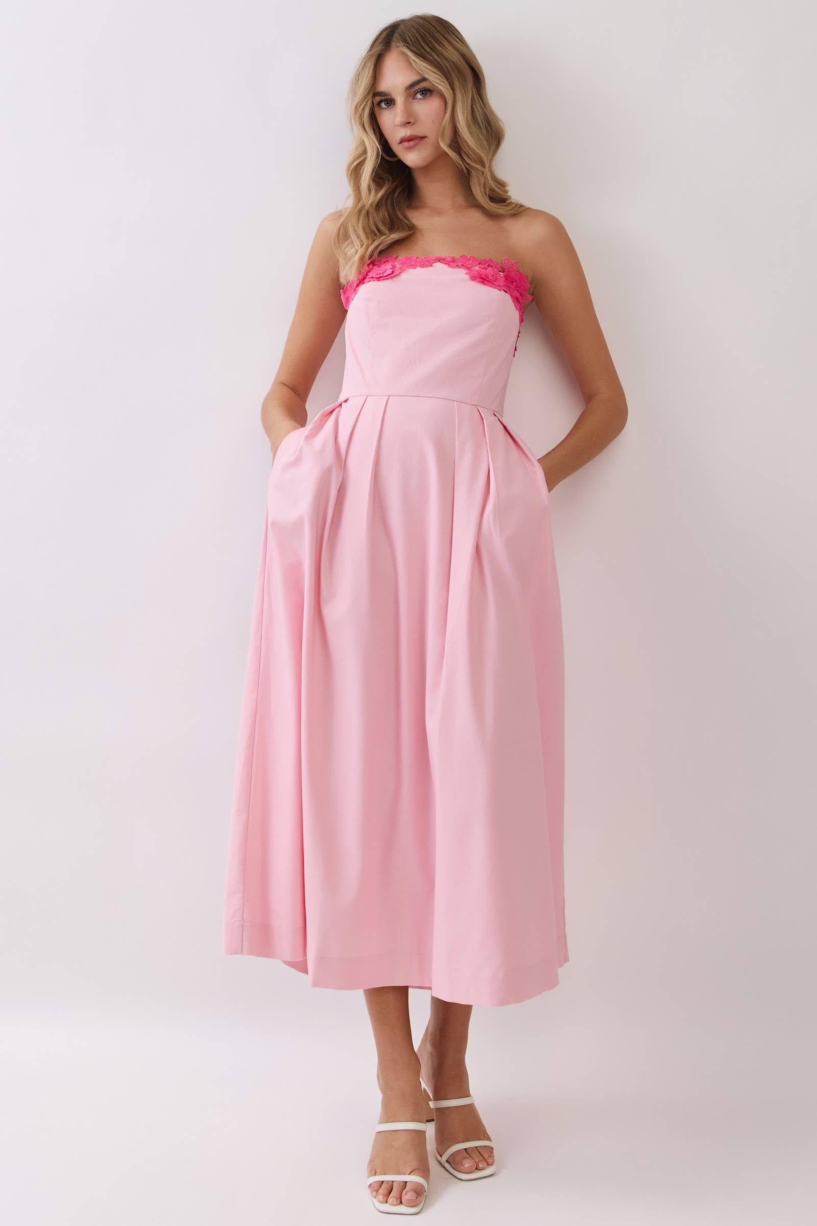 Pink Floral Applique Detail Strapless Midi Dress
