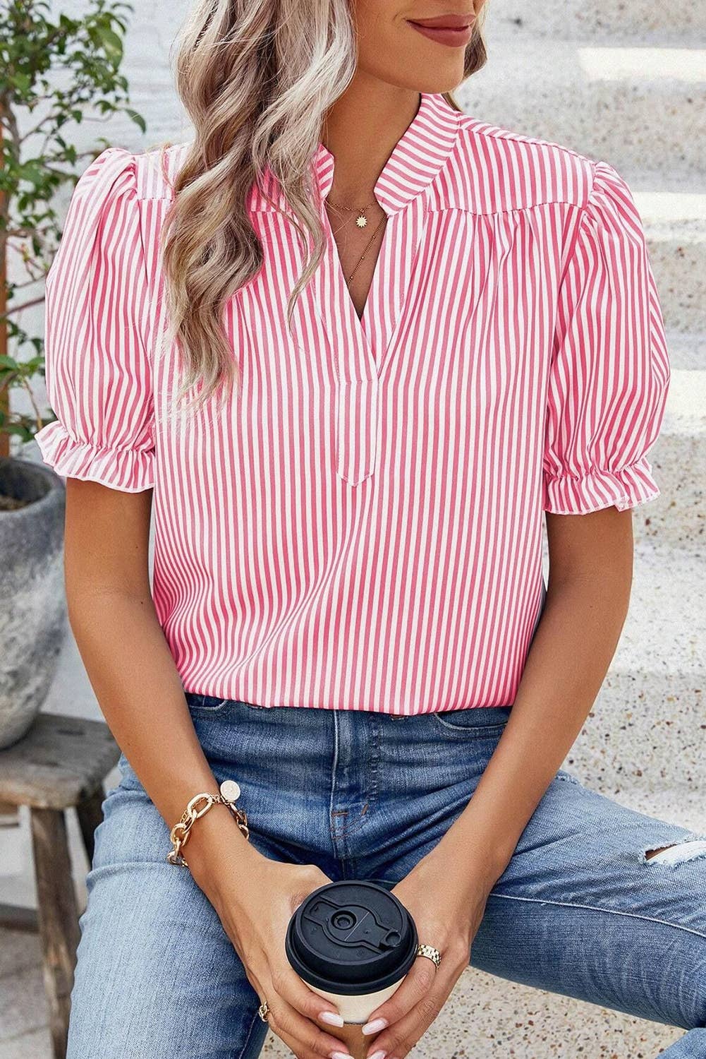 Noah | Stripe Notched Neck Frilled Short Puff Sleeve Blouse