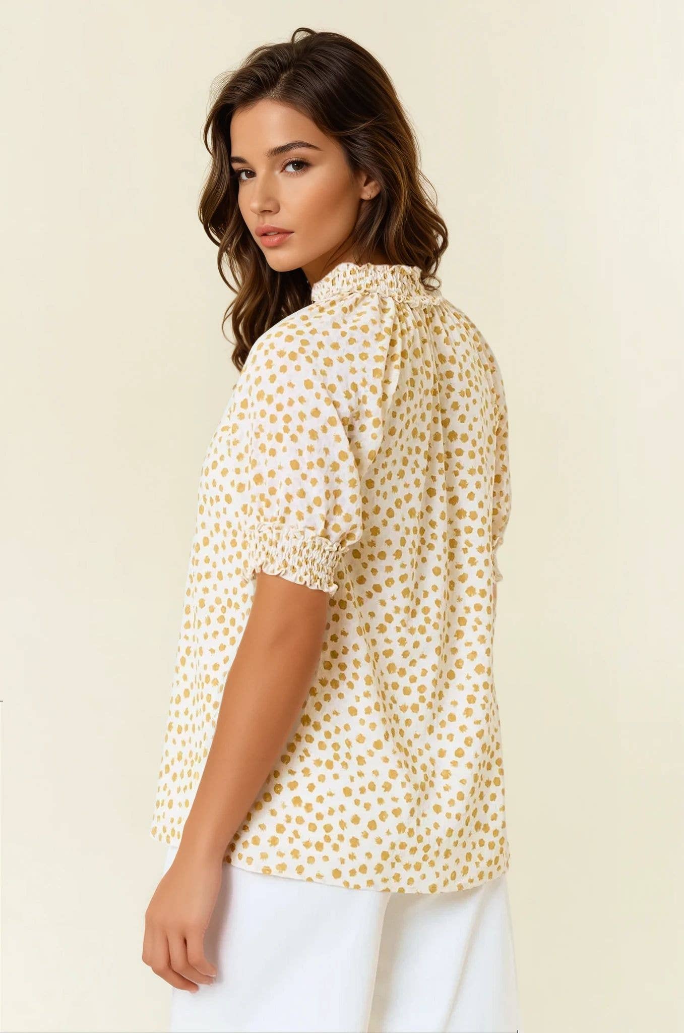 White & Black Jacquard Dot Print Short Sleeve Blouse
