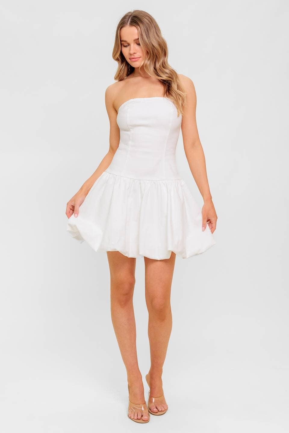 Drop Waist Bubble Hem White Mini Dress