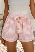 Floral Trim Ribbon Knot Striped Casual Shorts