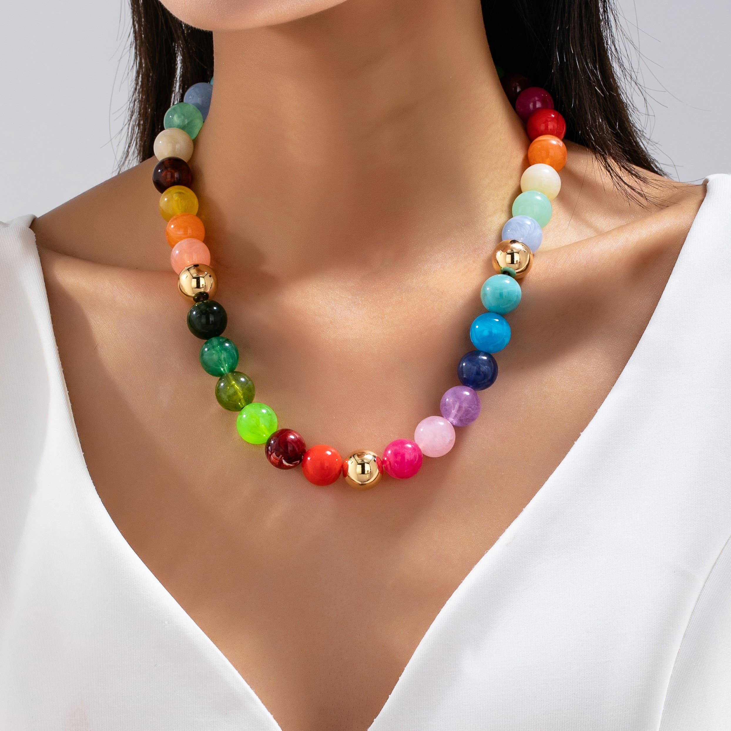 Rainbow Marbled Resin Bead Necklace