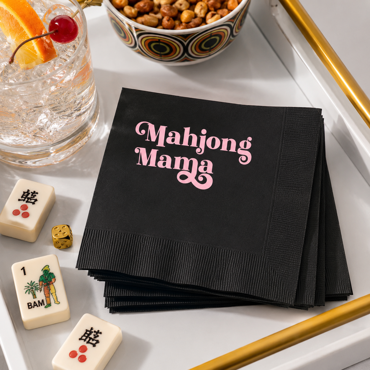 Mahjong Mama Black and Pink Foil Game Night Cocktail Napkin