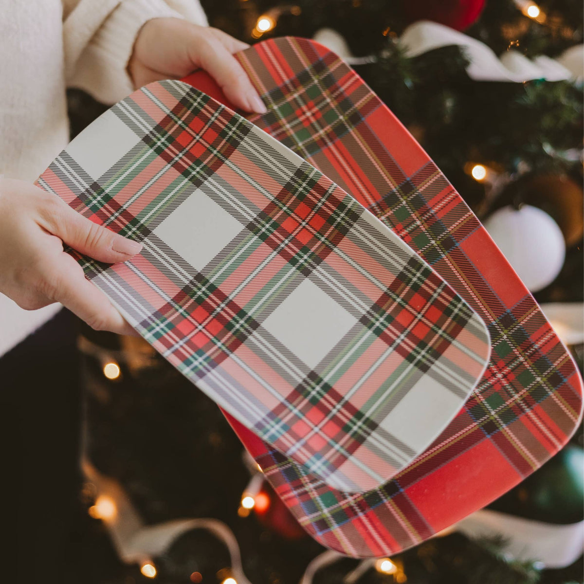 Red and White Plaid Stacking Melamine Tray - Set of 2