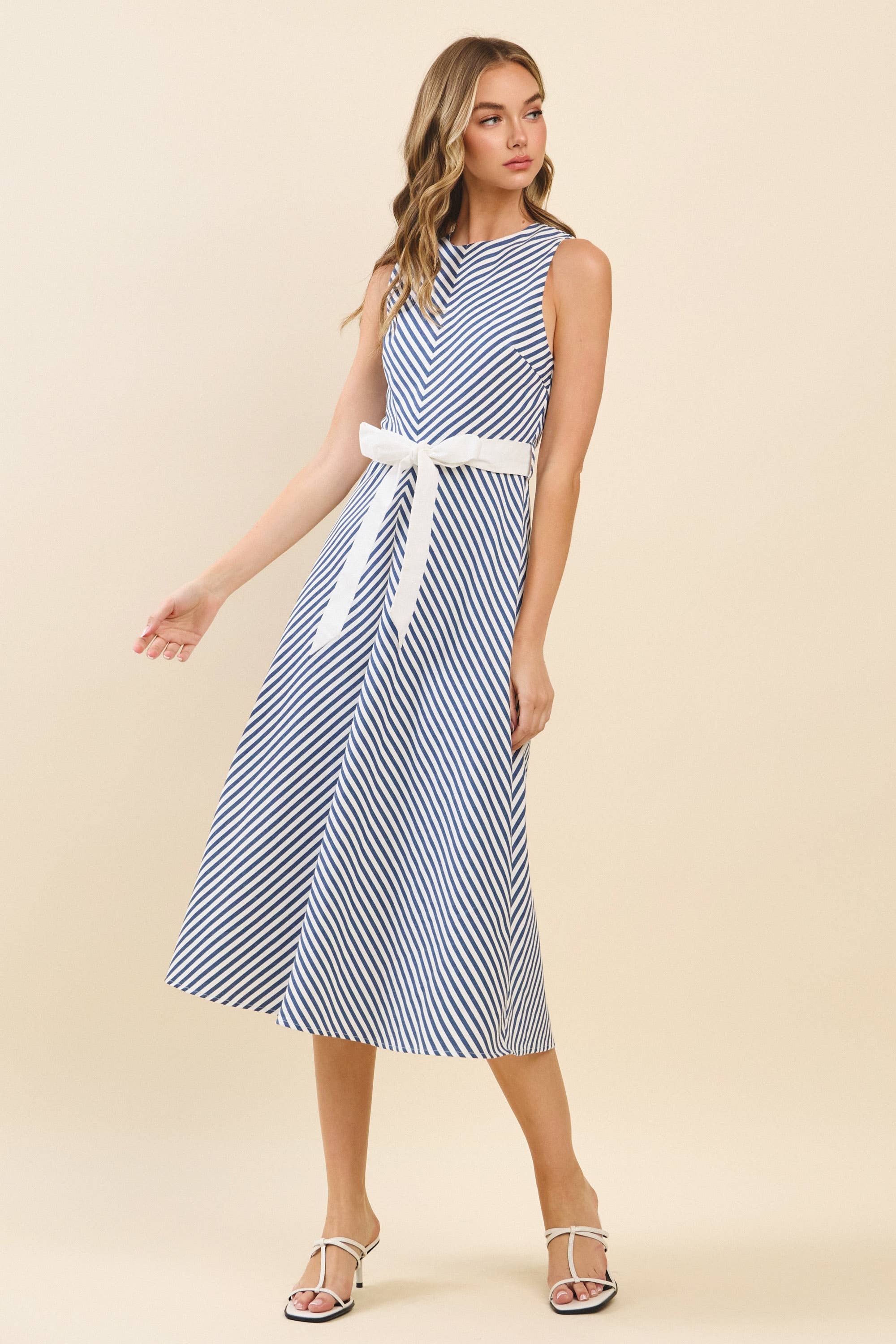 Chevron Pattern Striped Contrast Sash Midi Dress
