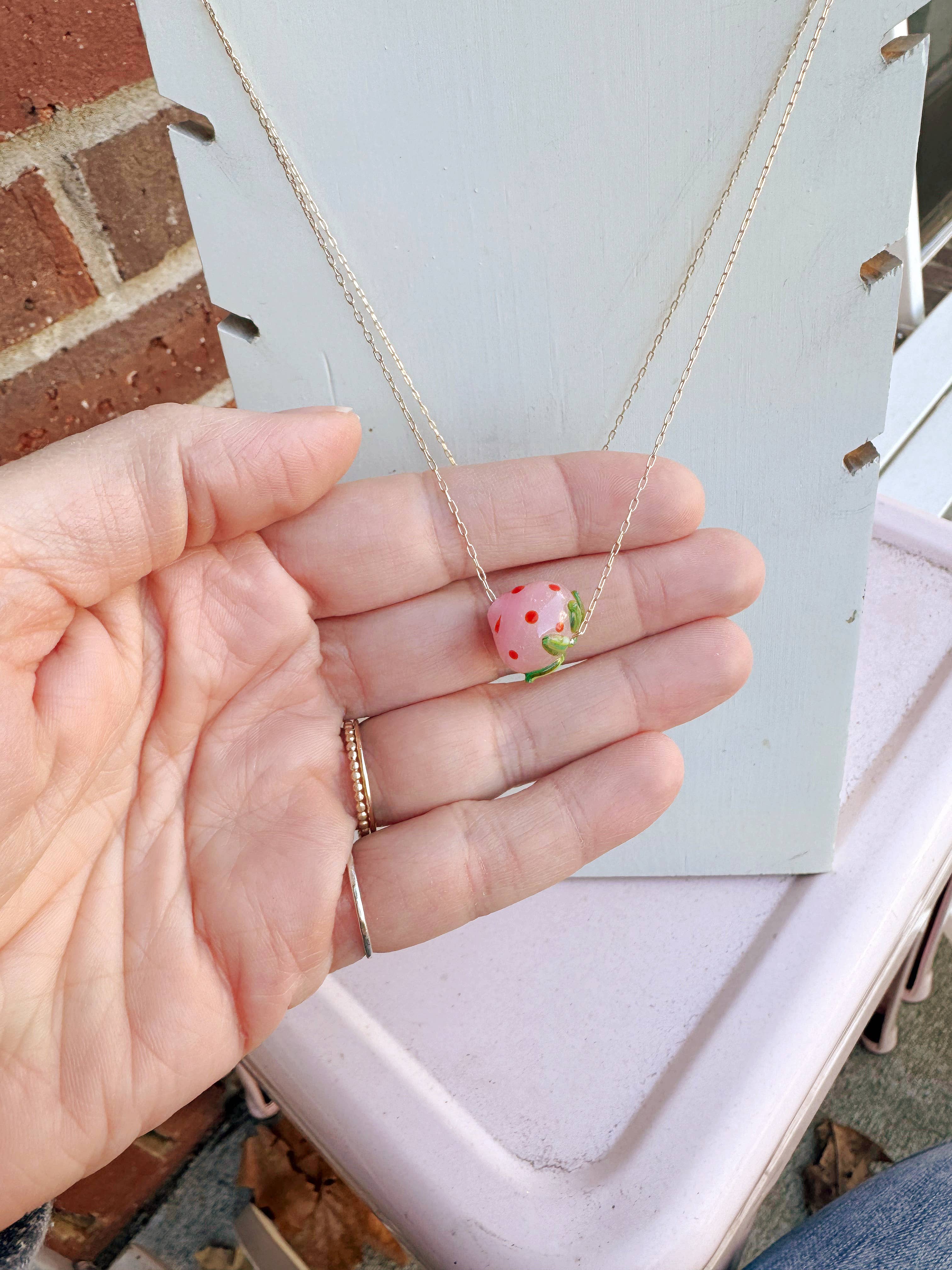Pink Lampwork Strawberry Glass Pendant Bead Necklace
