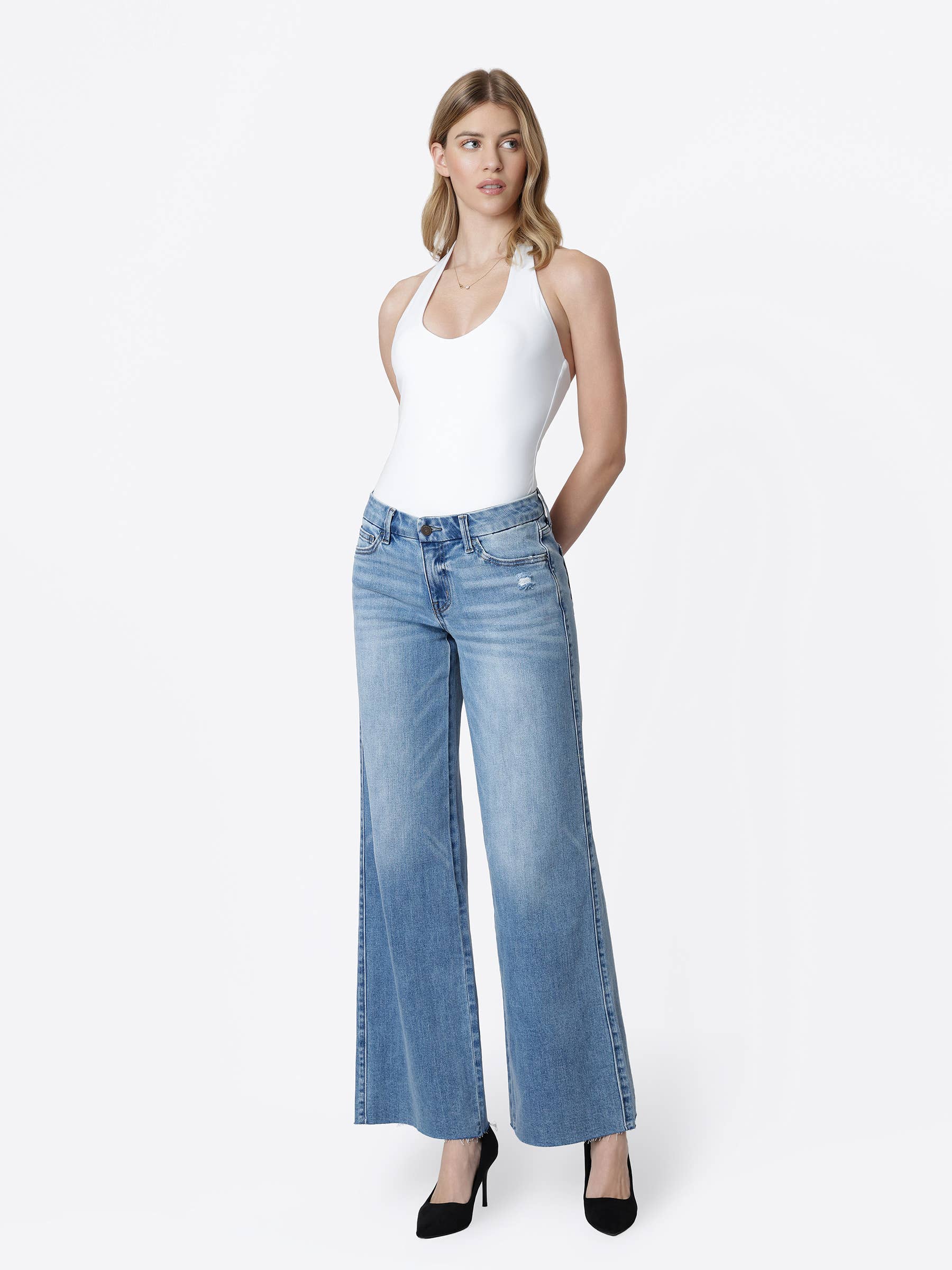 Mid Rise Clean Cut Raw Hem Wide Jeans