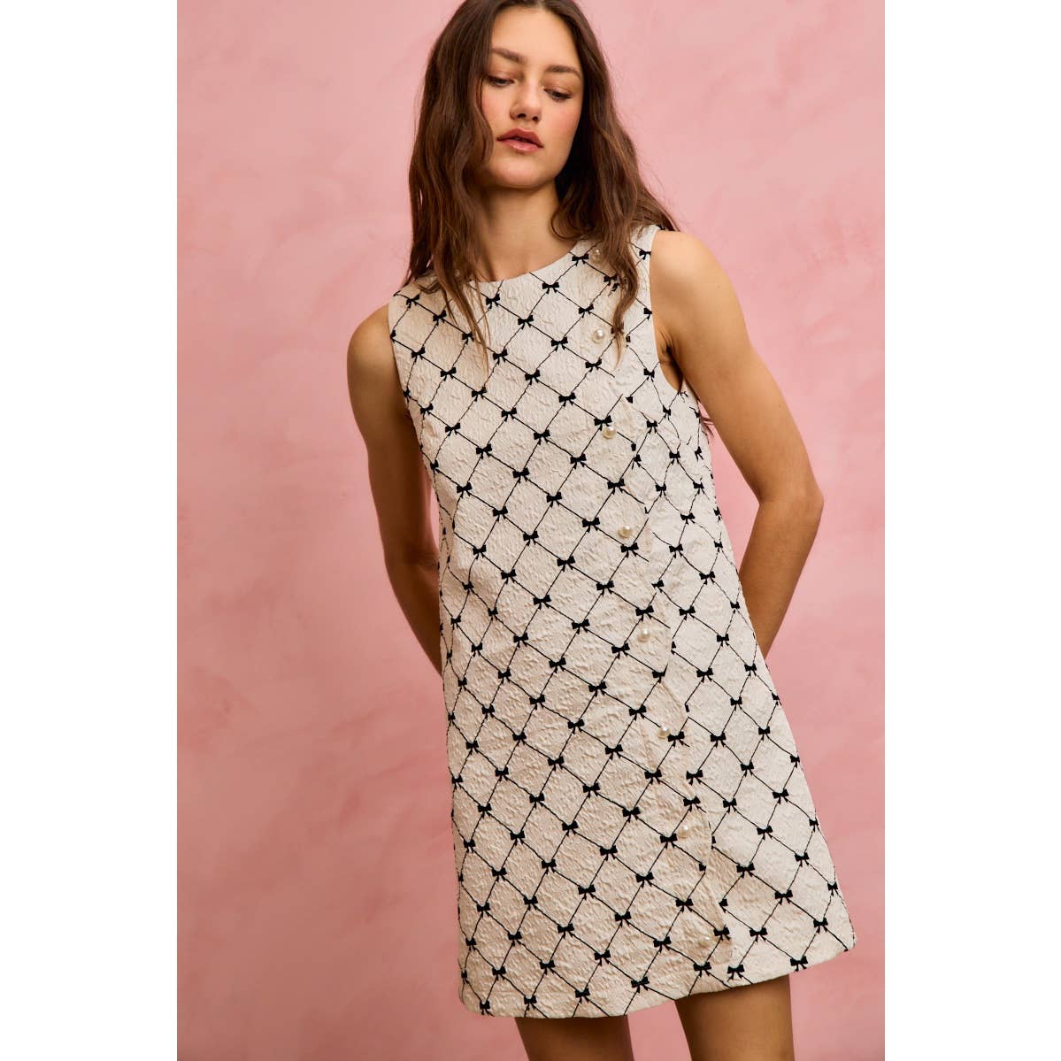 Ribbon Jacquard Pattern Dress with Scalloped Side