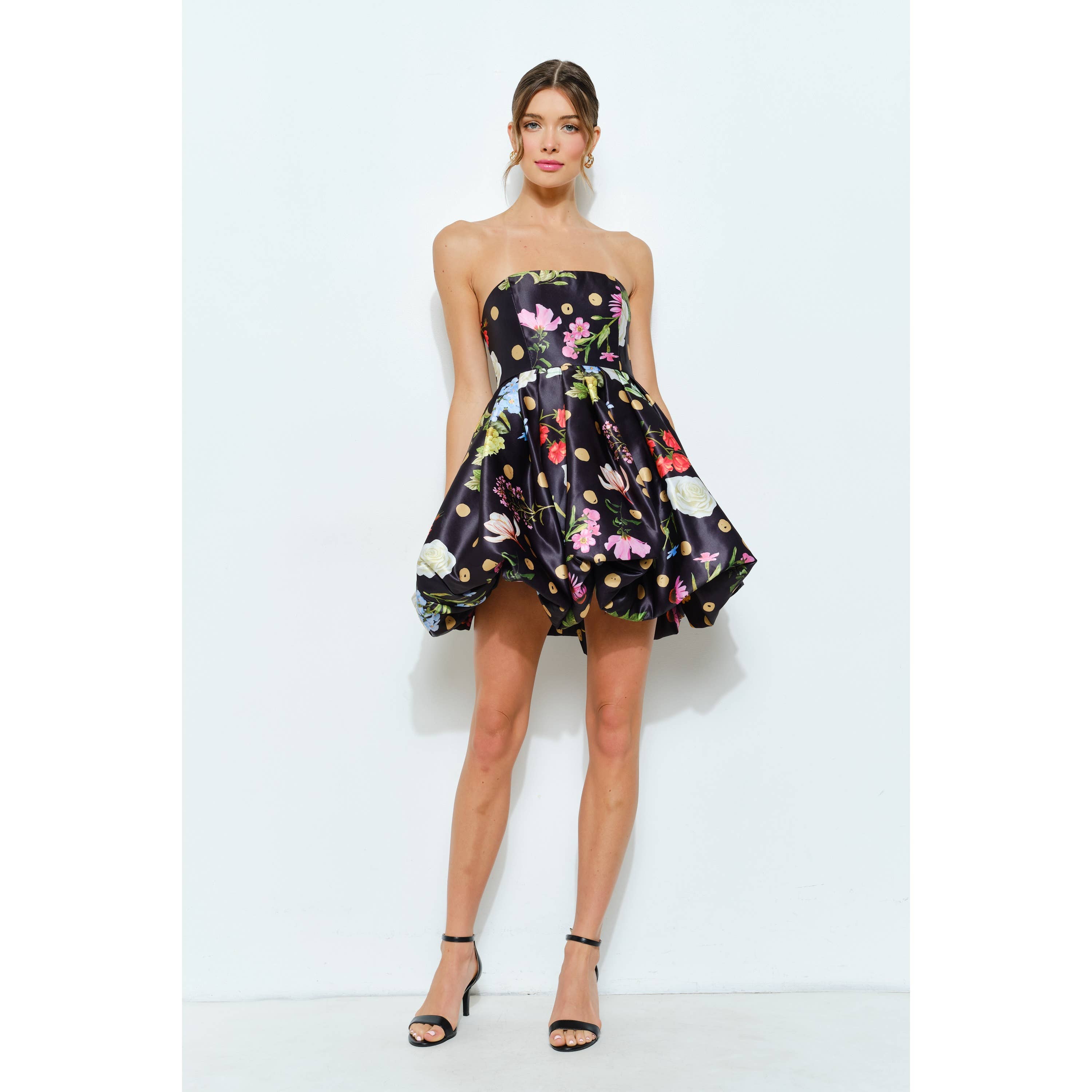 Bubble Hem Floral Dot Print Strapless Mini Dress