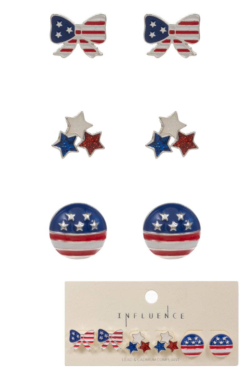 Set of 3 American Flag Color Enamel Post Earrings
