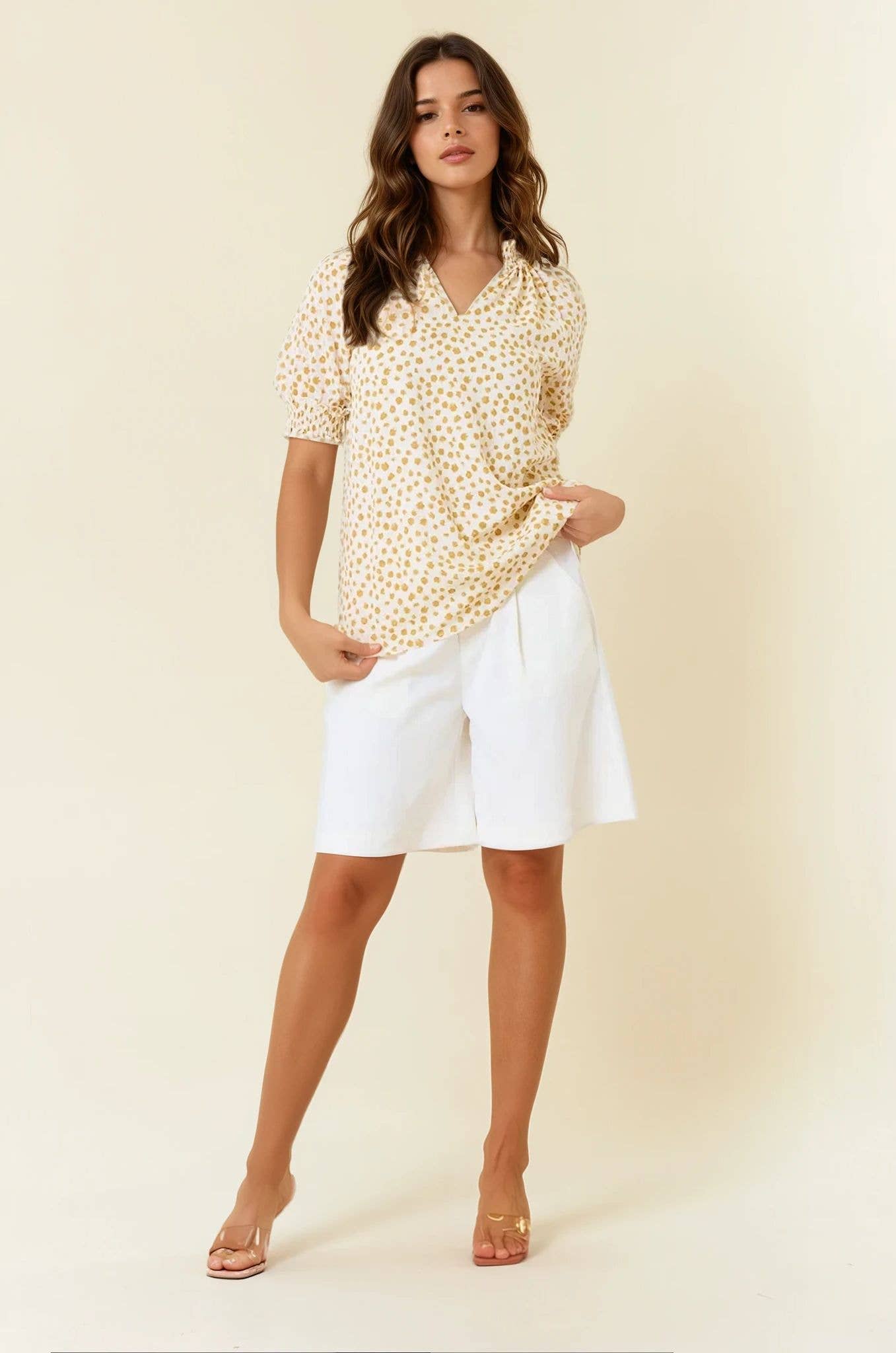 White & Black Jacquard Dot Print Short Sleeve Blouse