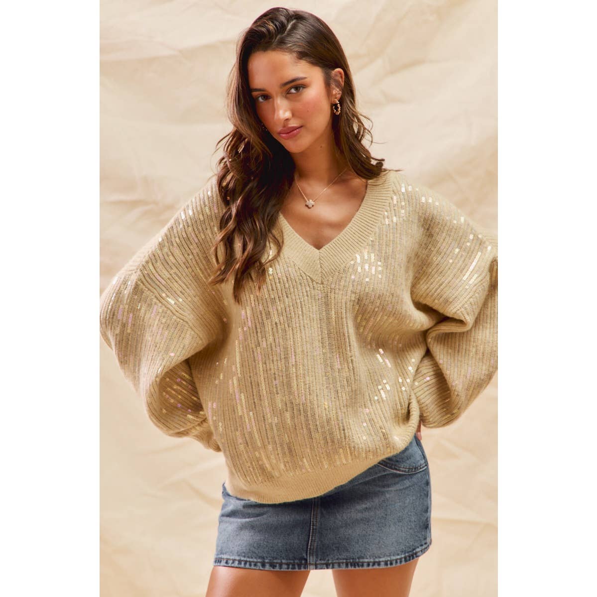 Holiday Sequins Christmas V Neck Sweater