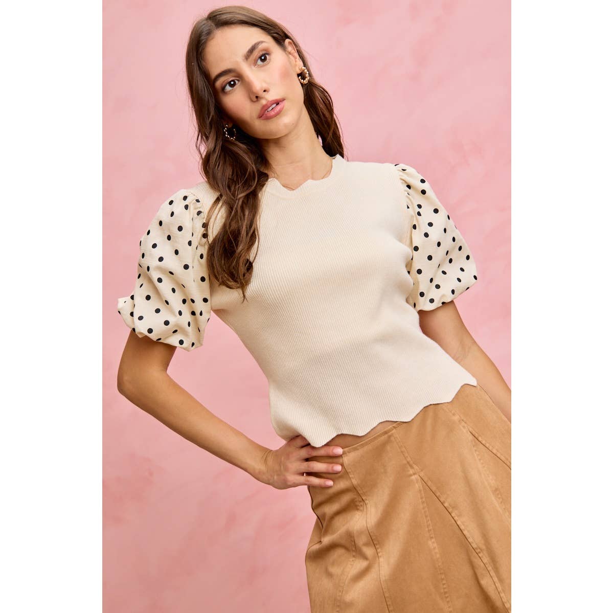 Polka Dot Contrast Woven Balloon Sleeve Top