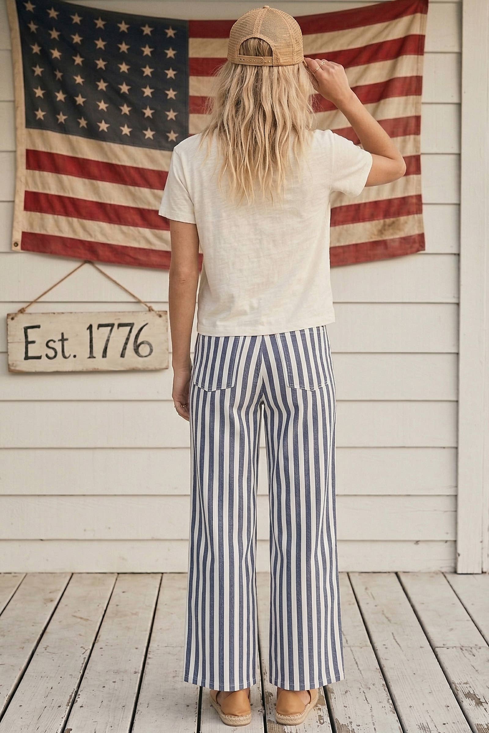 Striped Non Stretch Wide Leg Denim Pants