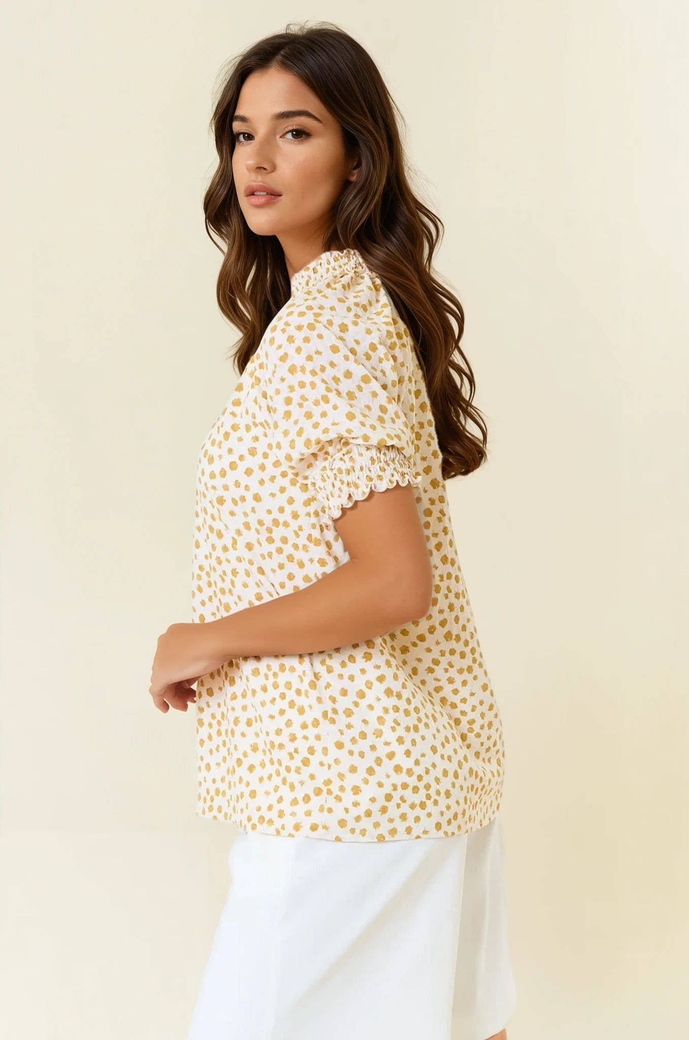 White & Black Jacquard Dot Print Short Sleeve Blouse