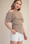 Asymmetric Draped Neck Gathered Blouse - Black or Taupe