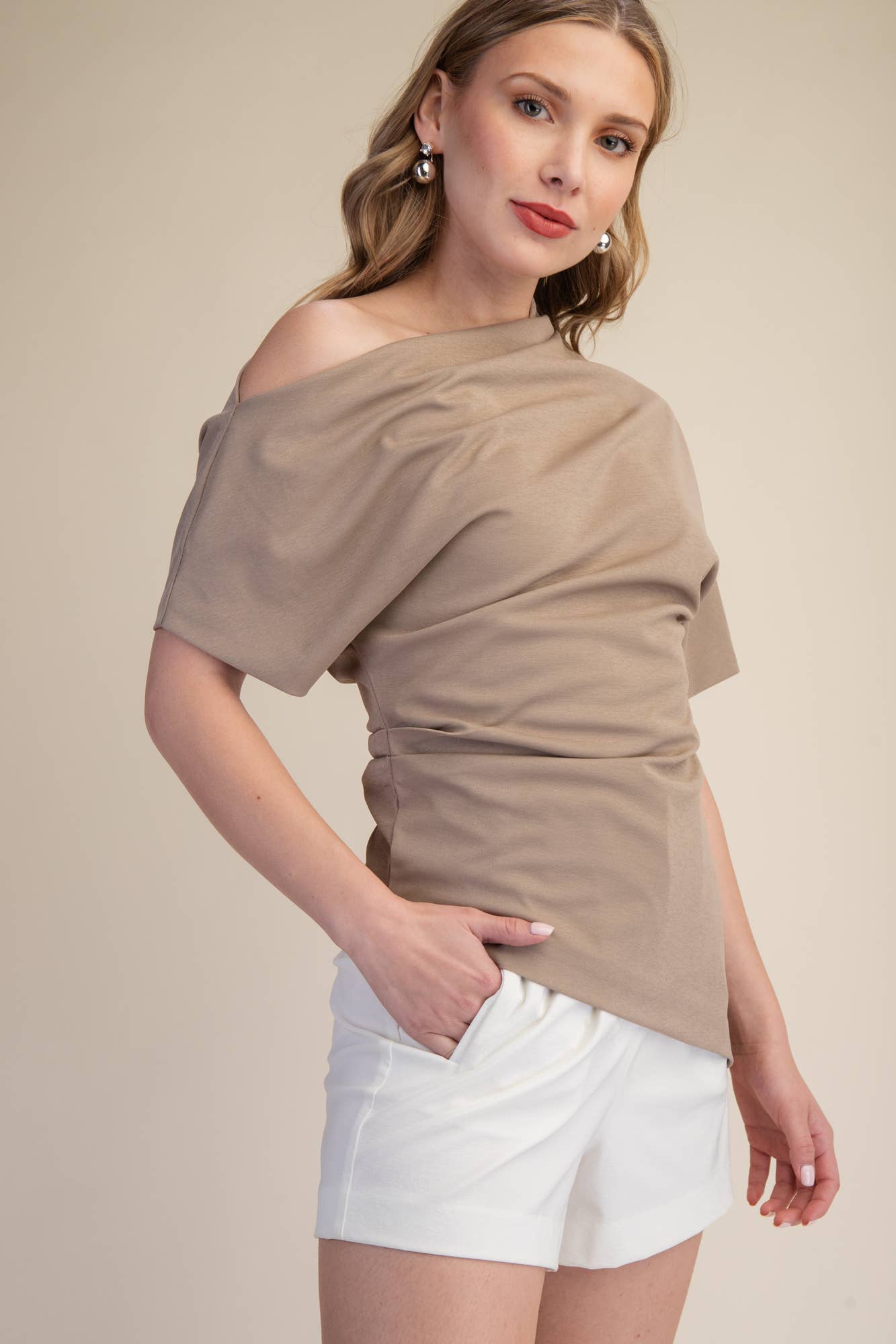 Asymmetric Draped Neck Gathered Blouse - Black or Taupe