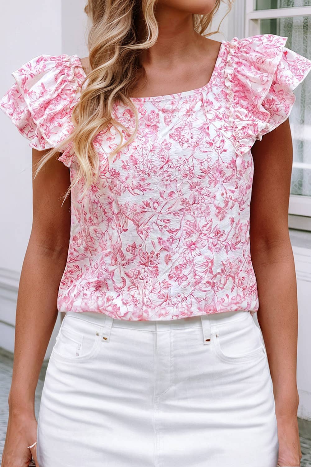 Floral Ruffled Short Sleeve Square Neck Bow Back Blouse