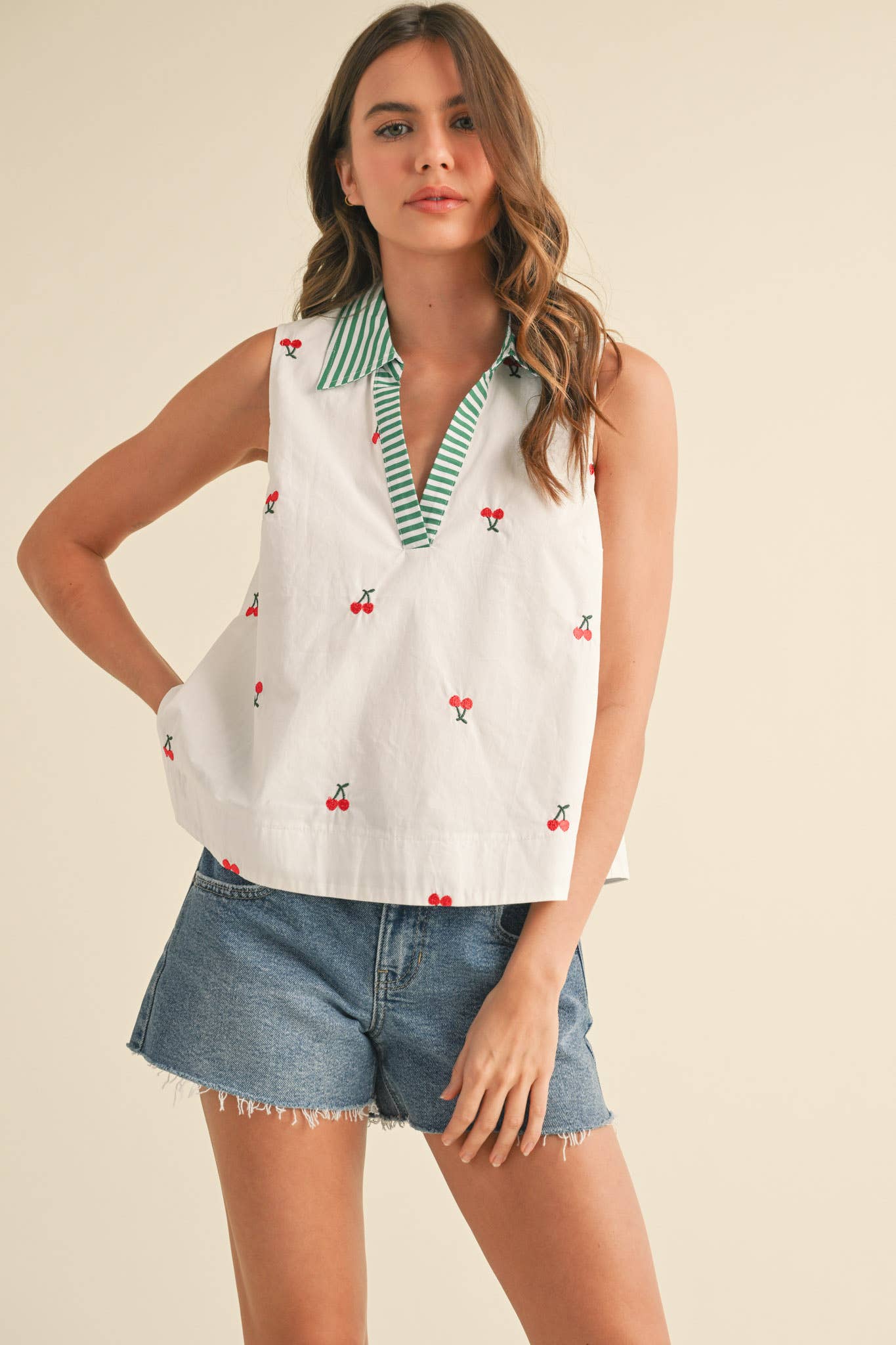 Cherry Embroidery Collared Tank