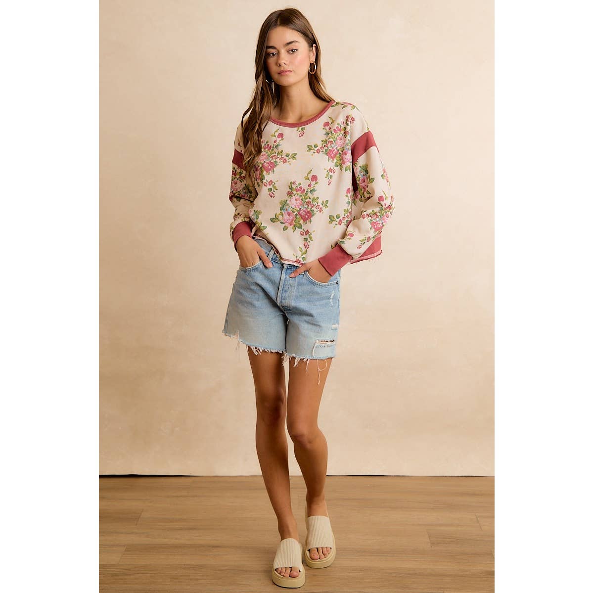 Floral Brushed Terry Open Back Long Sleeve Top