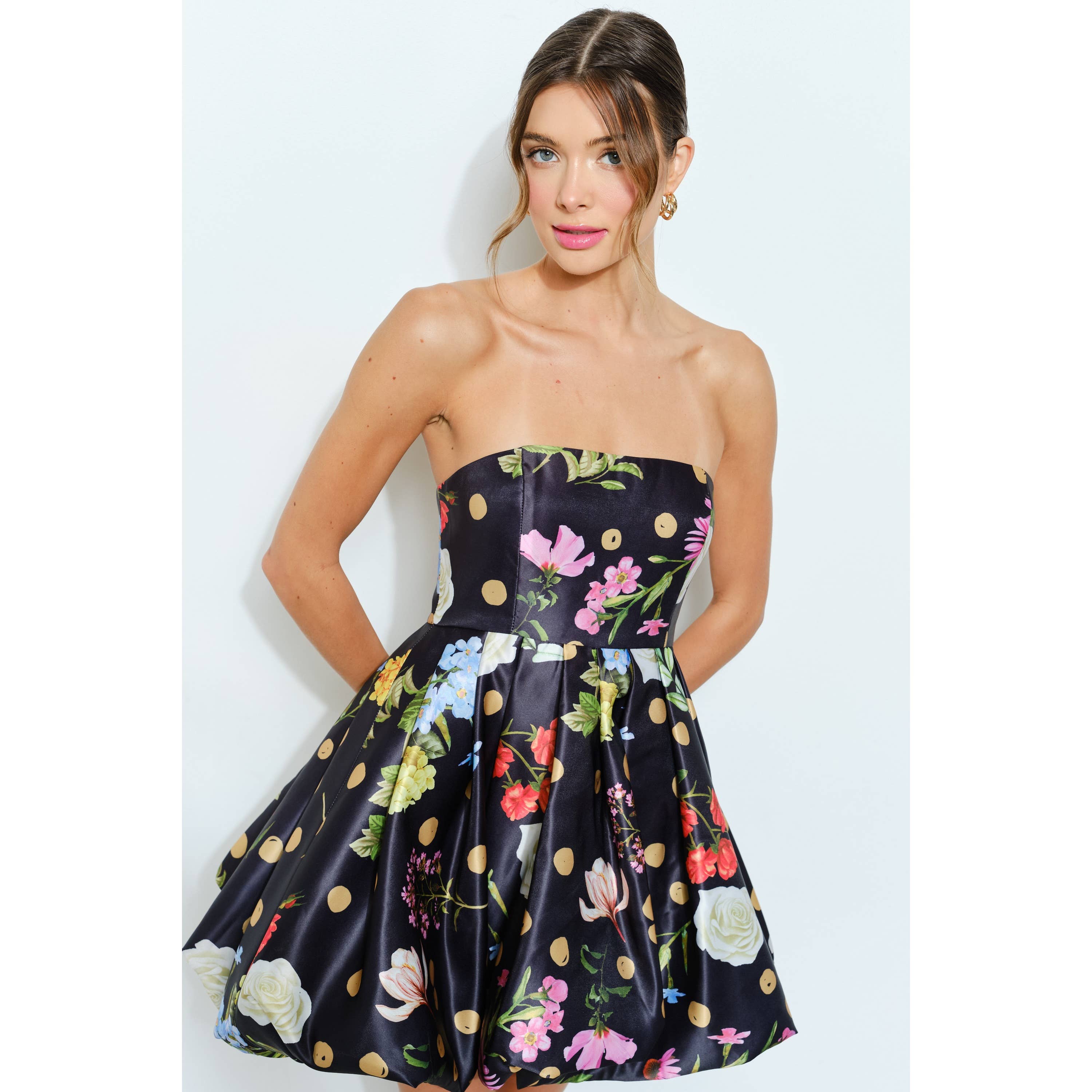 Bubble Hem Floral Dot Print Strapless Mini Dress