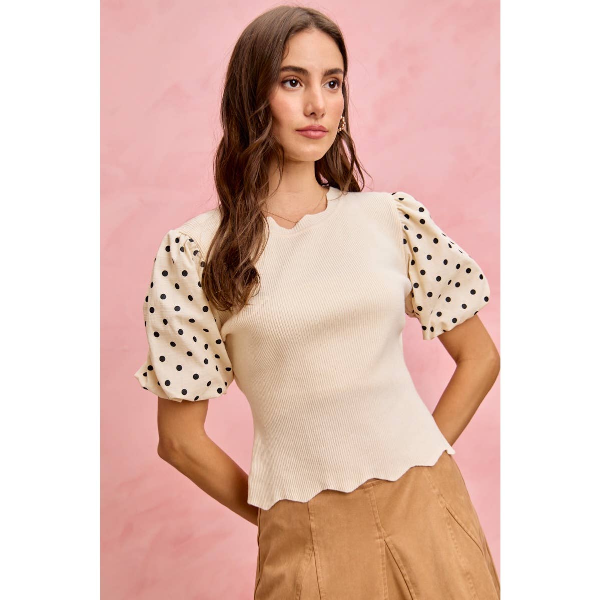 Polka Dot Contrast Woven Balloon Sleeve Top