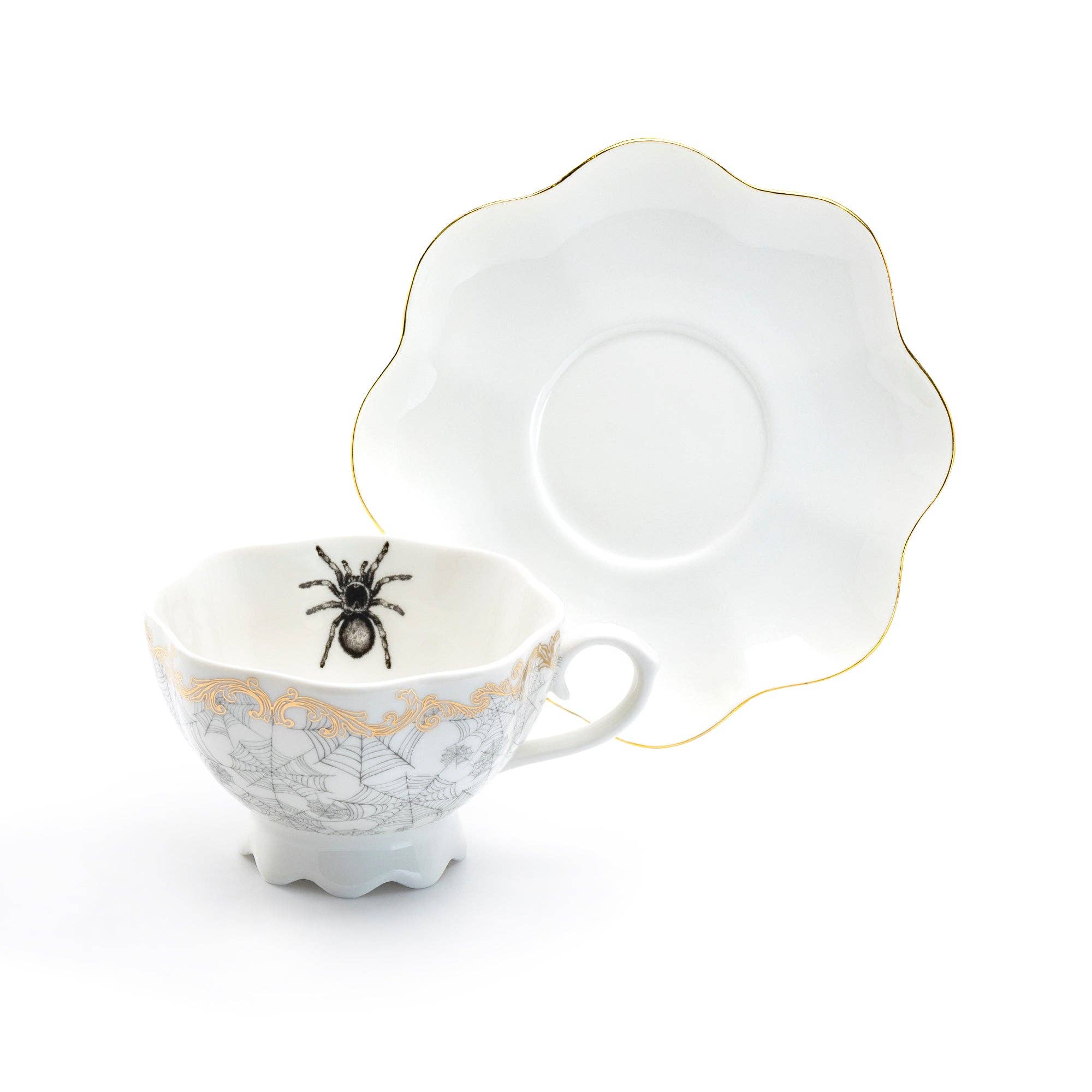Spider Web White Gold Scallop 7.5oz Tea Cup and Saucer