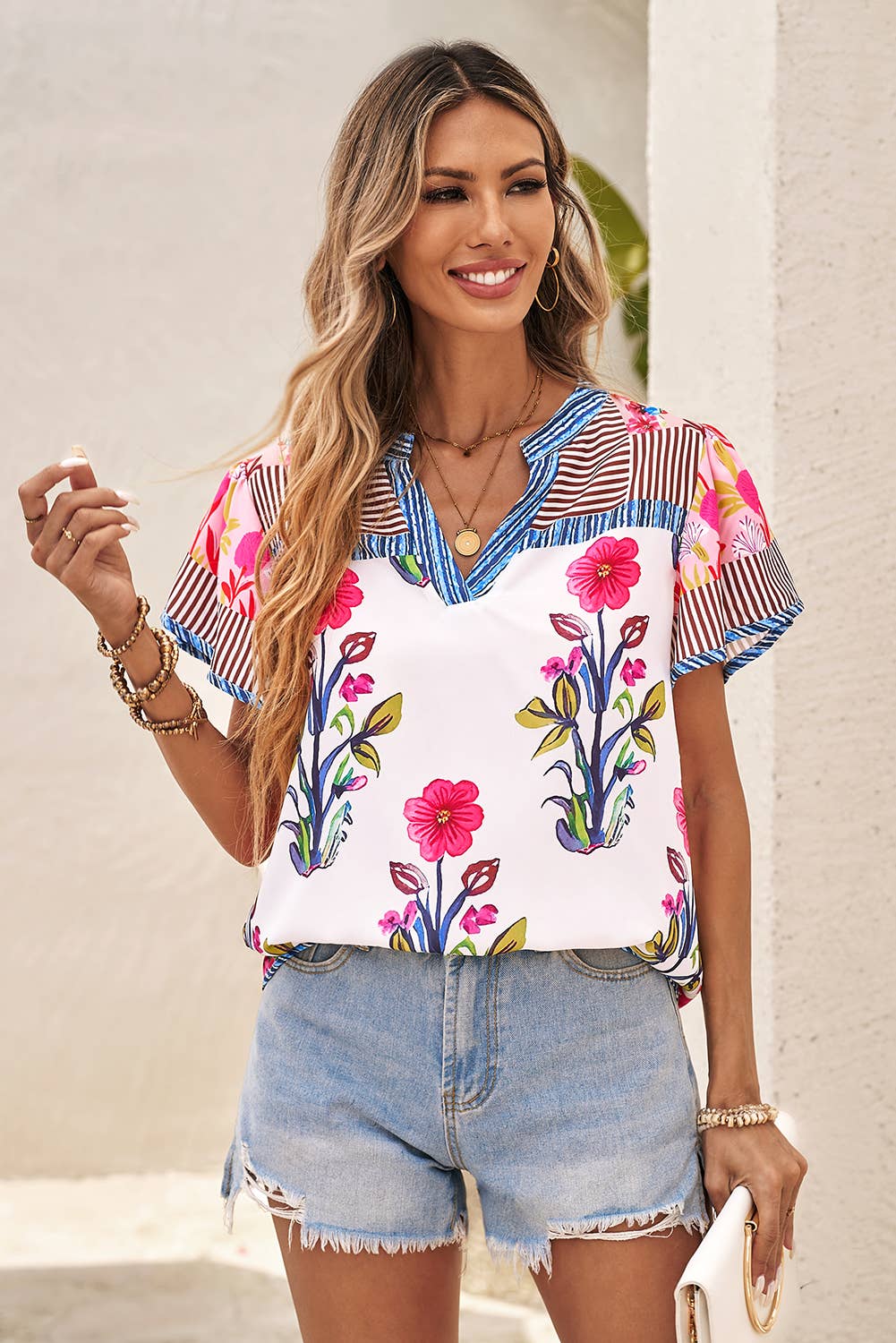 Floral Striped Patchwork Short Sleeve Split Neck Blouse