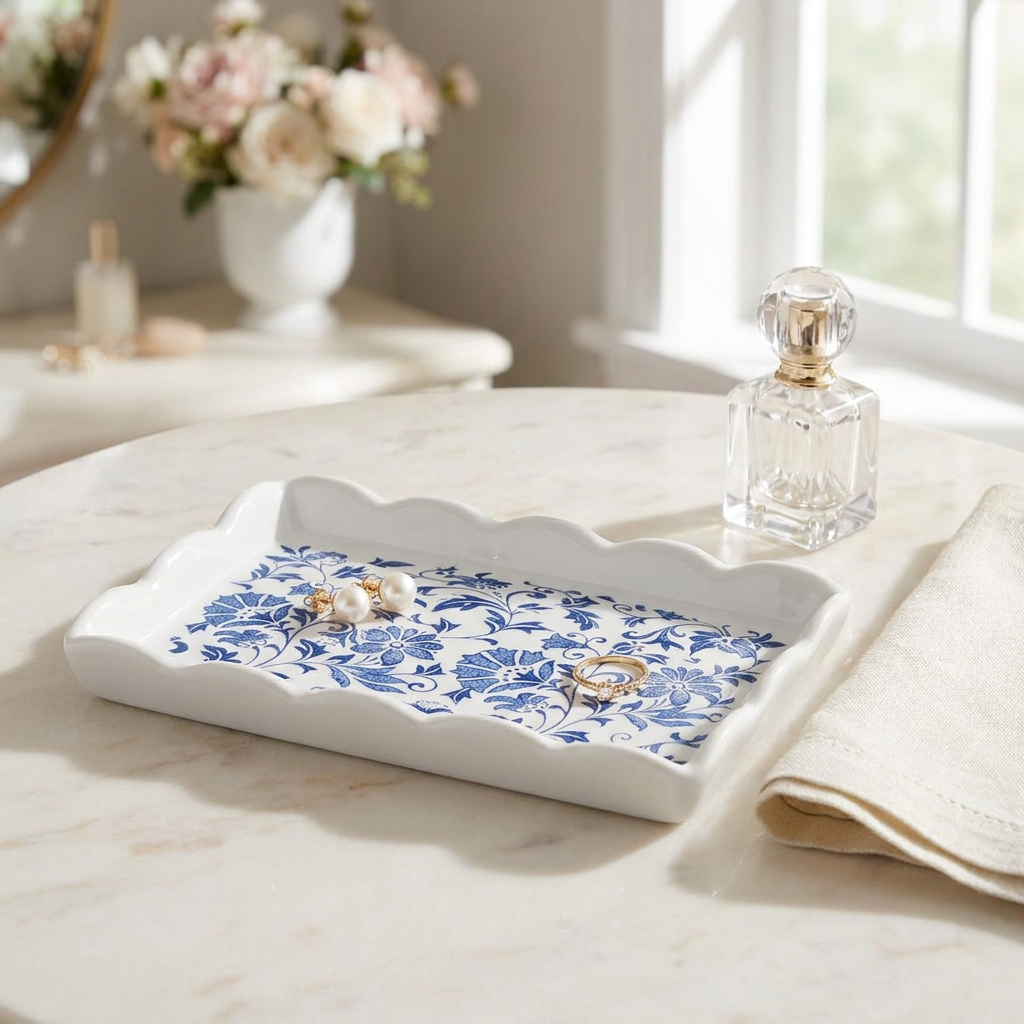 Ceramic Scalloped Blue Chinoiserie Trinket Tray