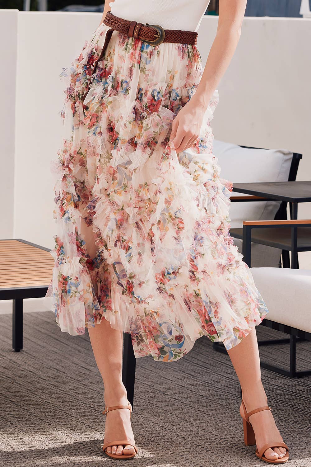 Floral Ruffled Mesh Midi Skirt with Lining