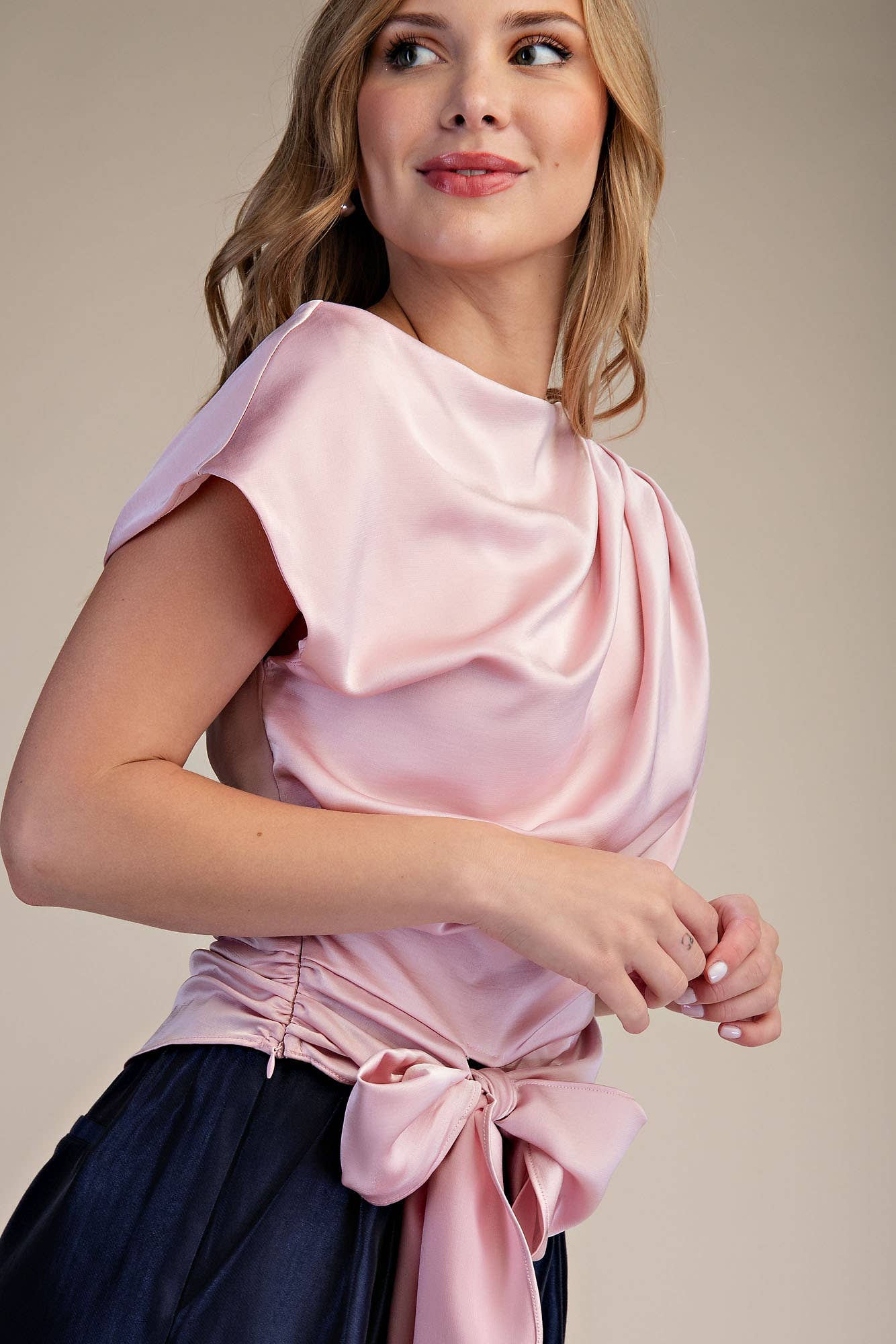 Boat Neck Waist Tie Blouse