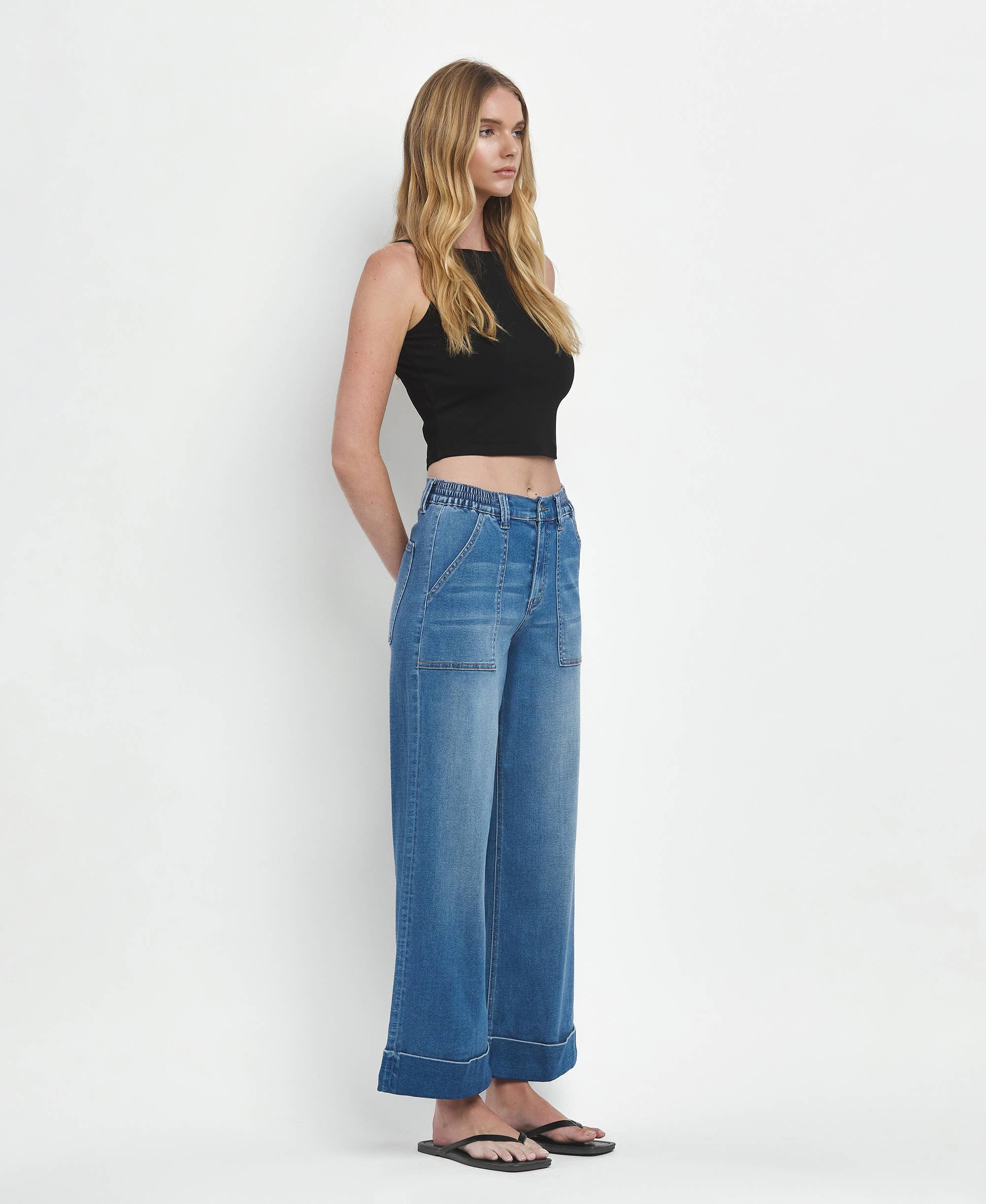 VERVET High Rise Double Cuffed Baggy Wide Cropped Jeans