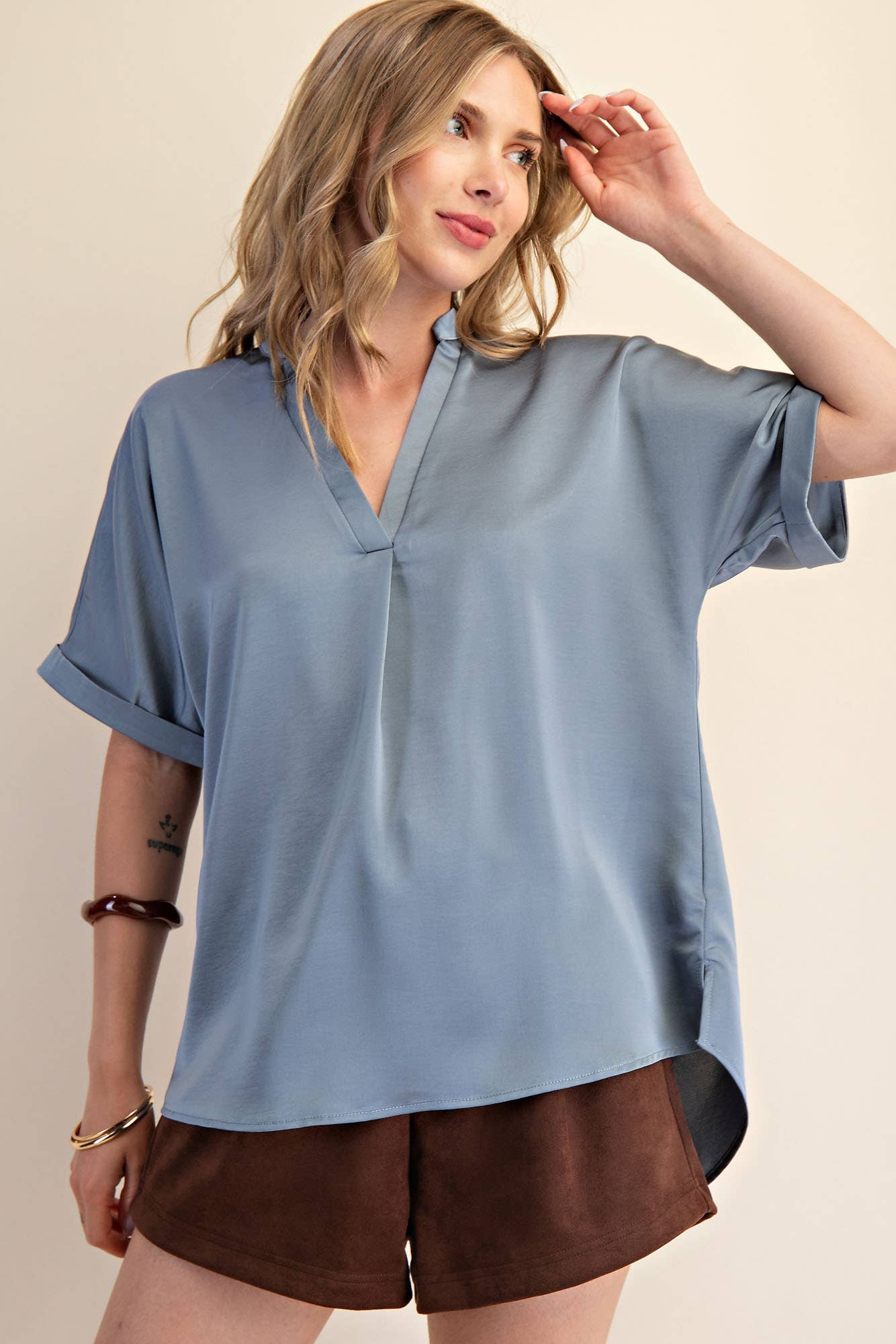 Slate V-Neck Placket Cuffs Sleeve Top