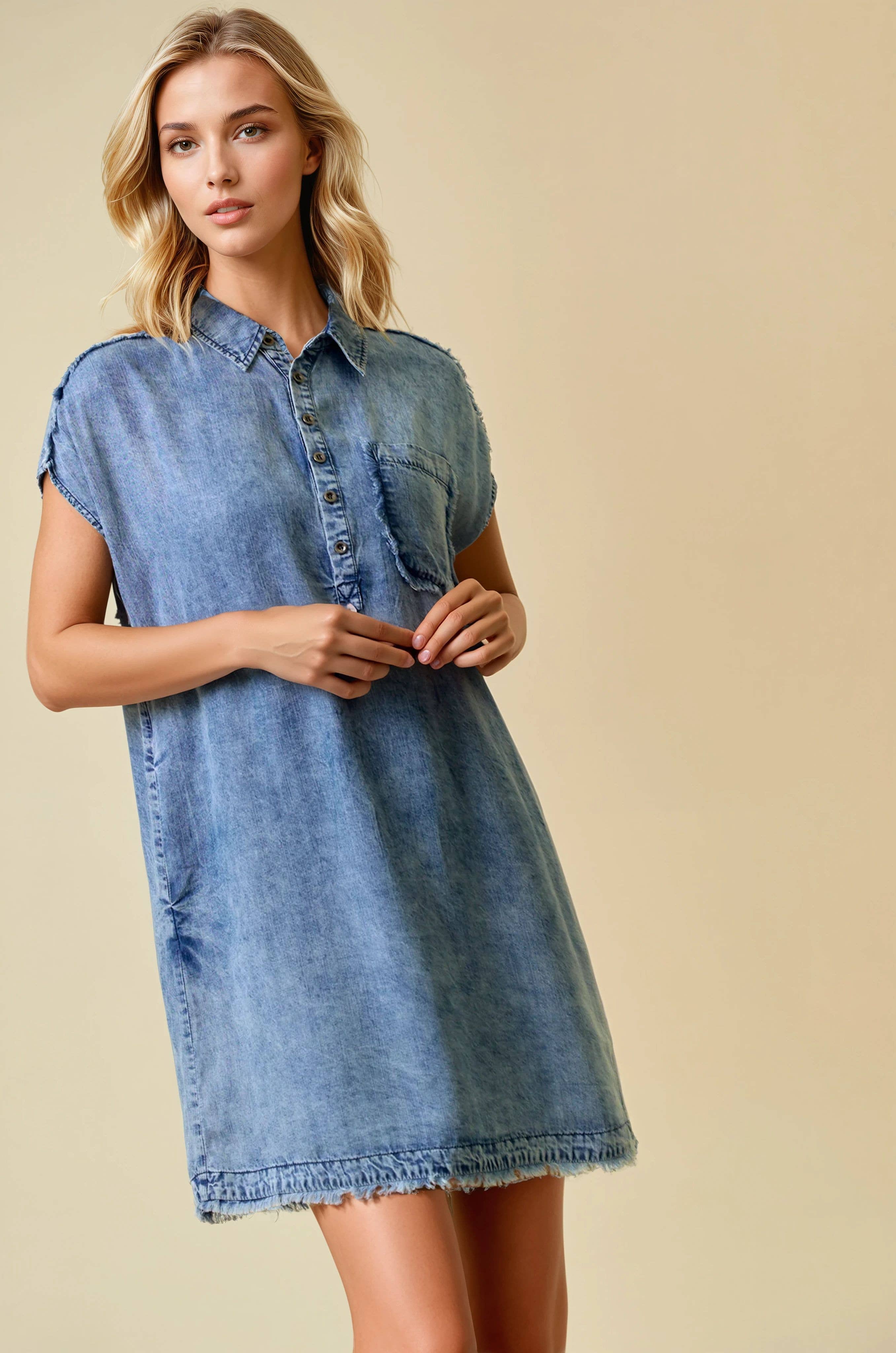 Tencel Denim Short Sleeve Shirt Mini Dress