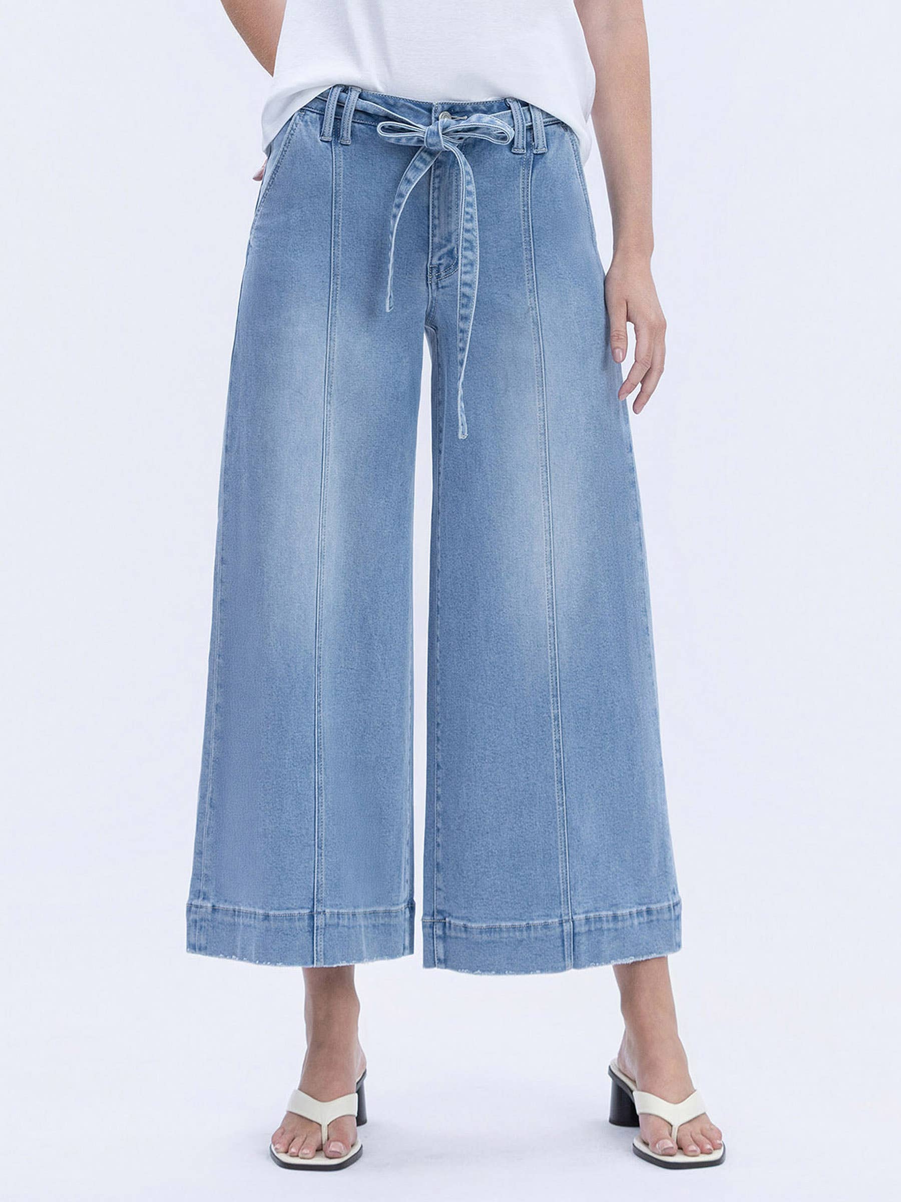 VERVET - High Rise Tie Waist Crop Palazzo Jeans