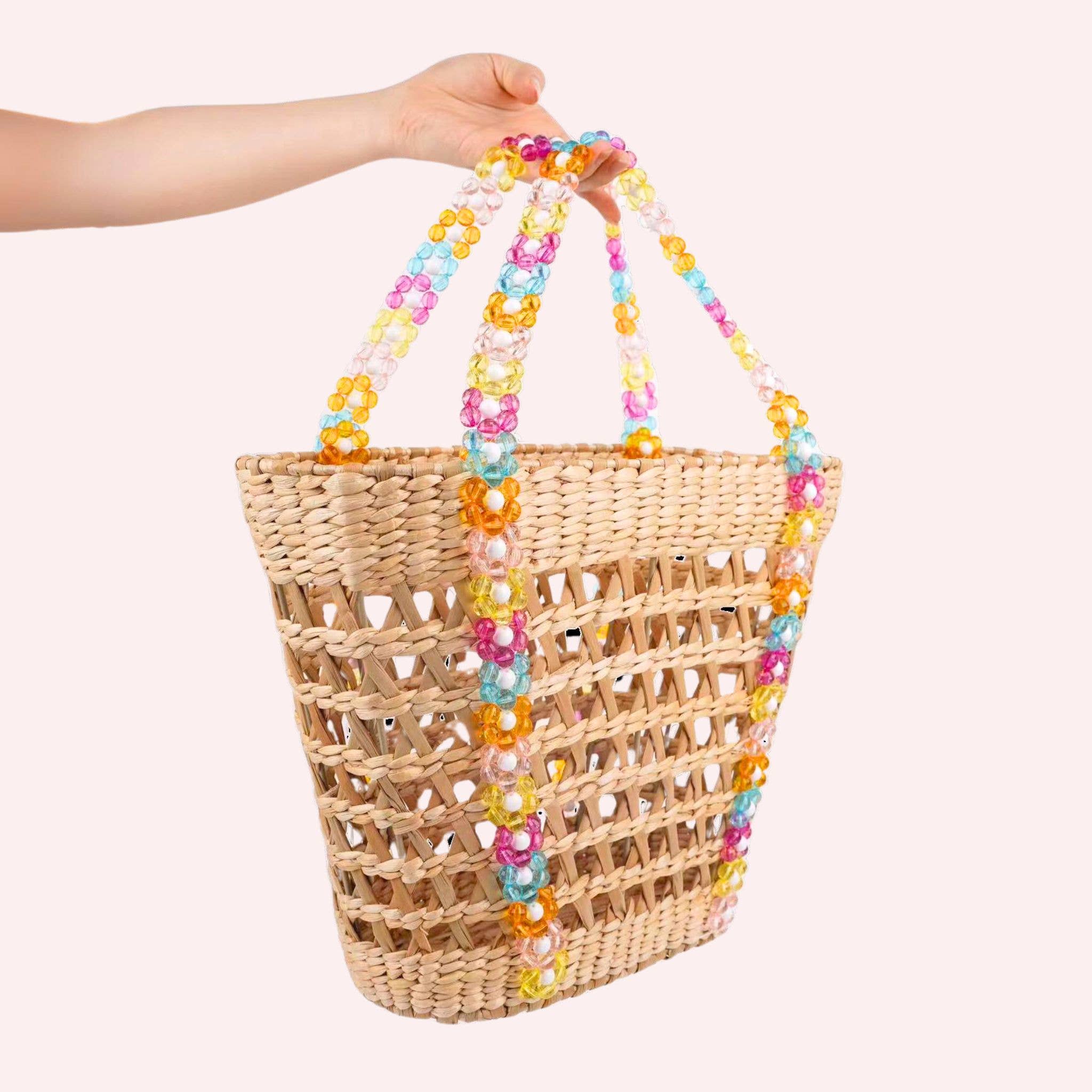 Colorful Beaded Straw Beach Basket Tote