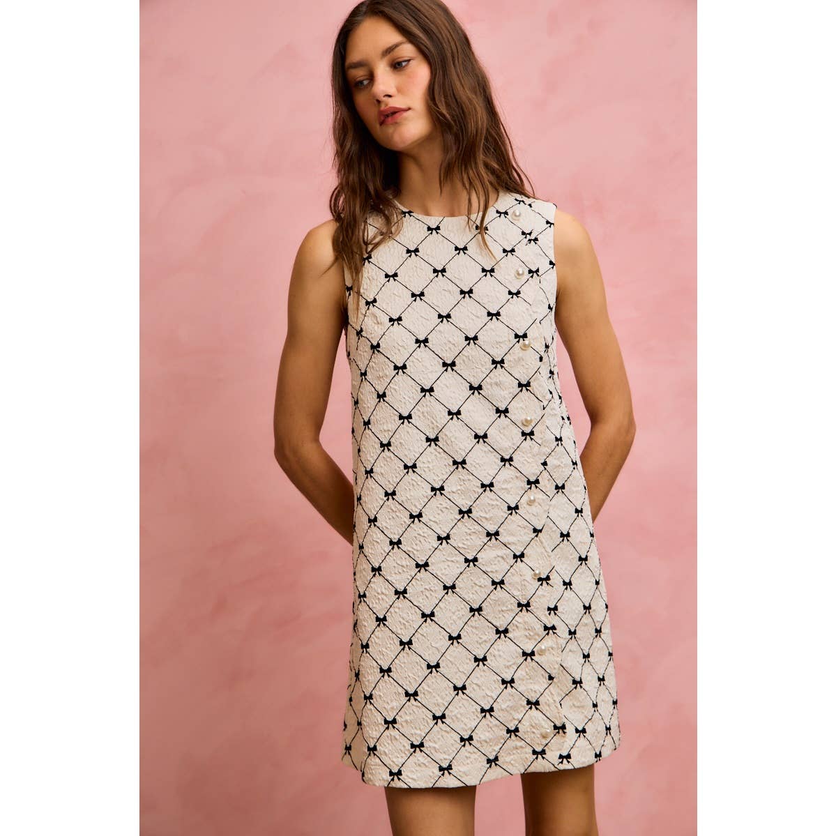 Ribbon Jacquard Pattern Dress with Scalloped Side