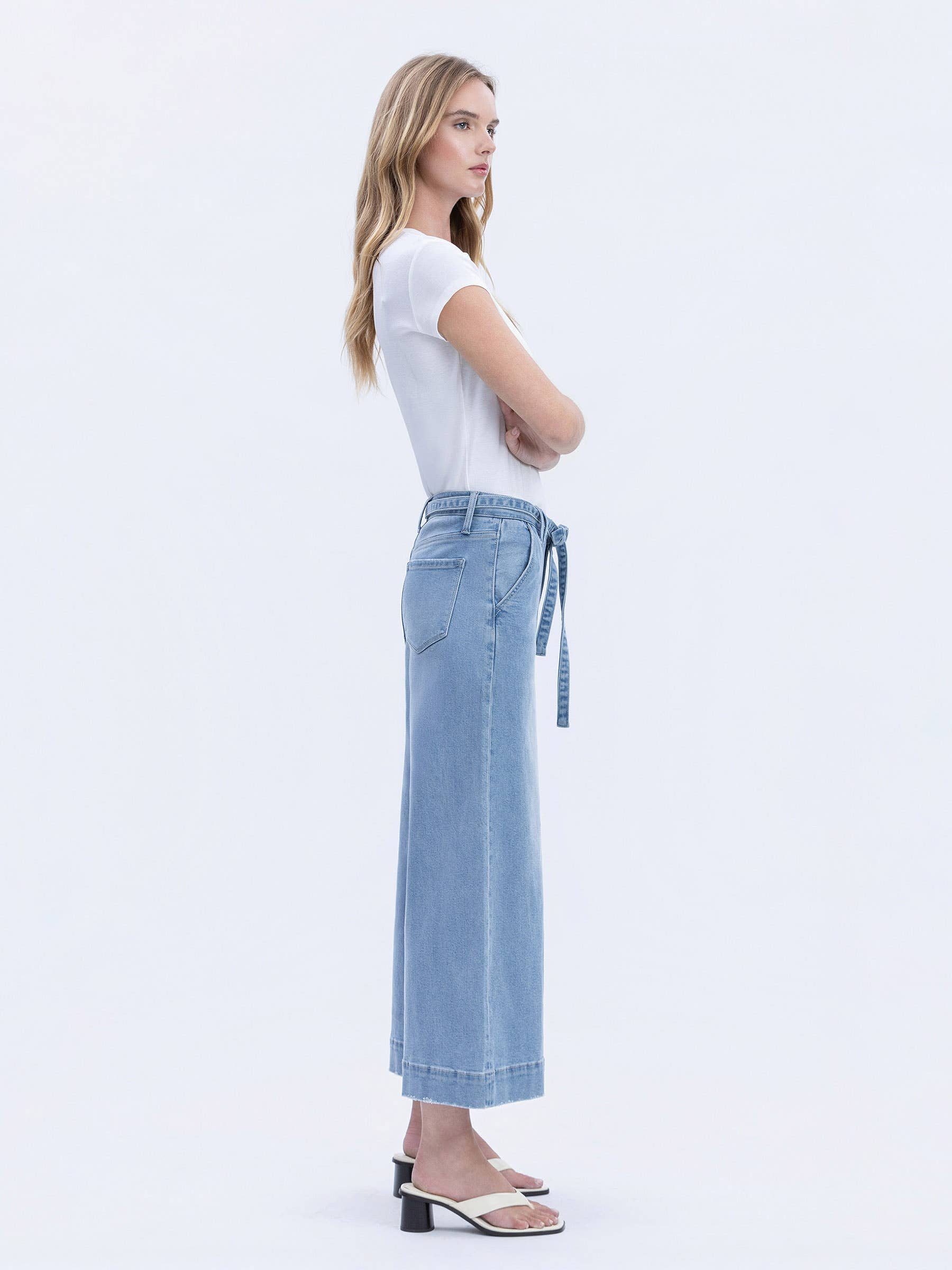 VERVET - High Rise Tie Waist Crop Palazzo Jeans