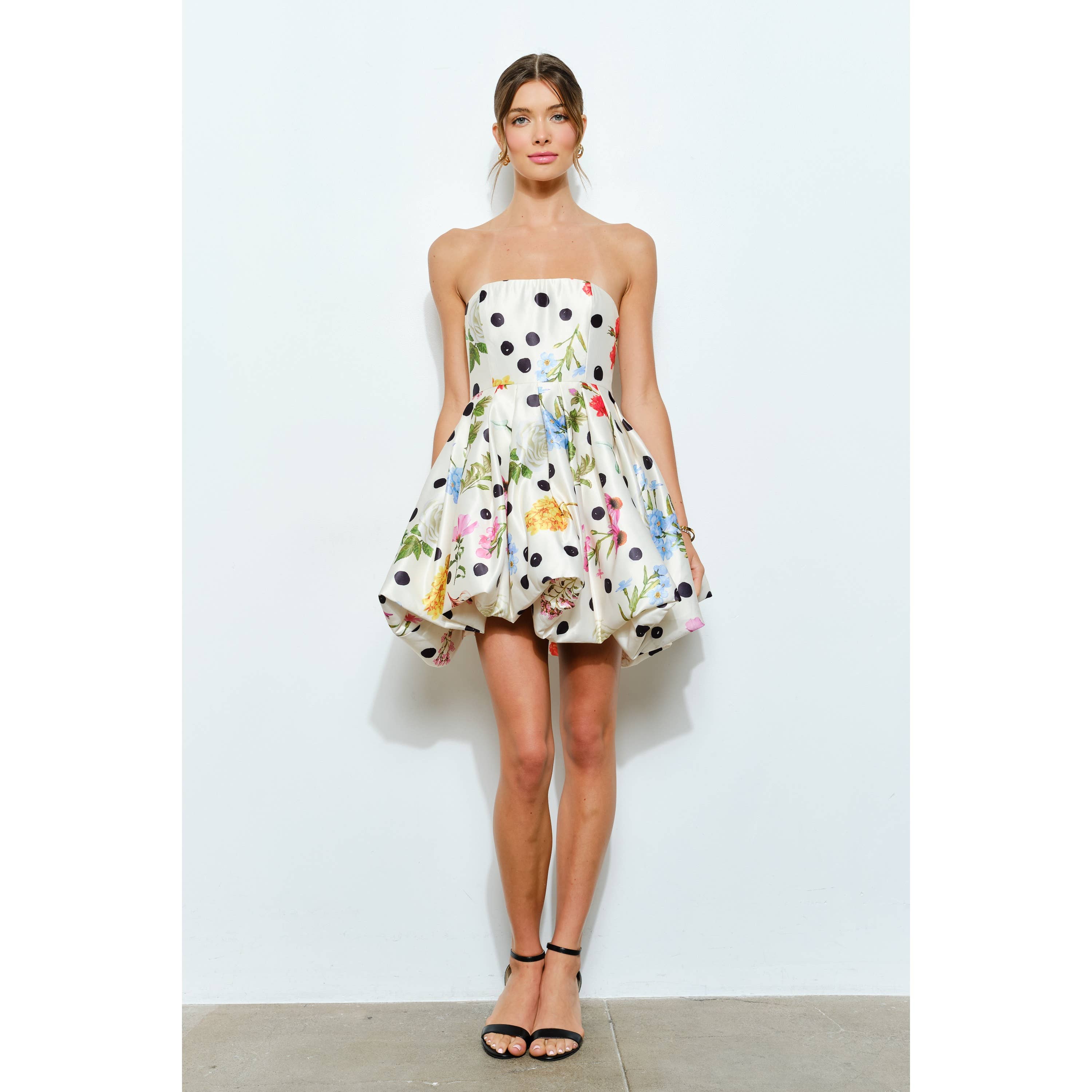 Bubble Hem Floral Dot Print Strapless Mini Dress