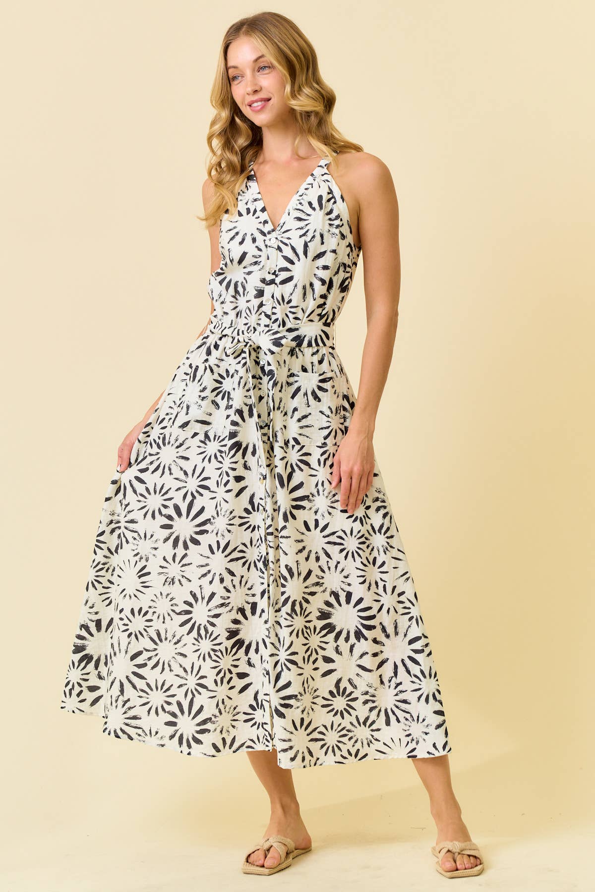 Abstract Floral Halter Tank Midi Dress