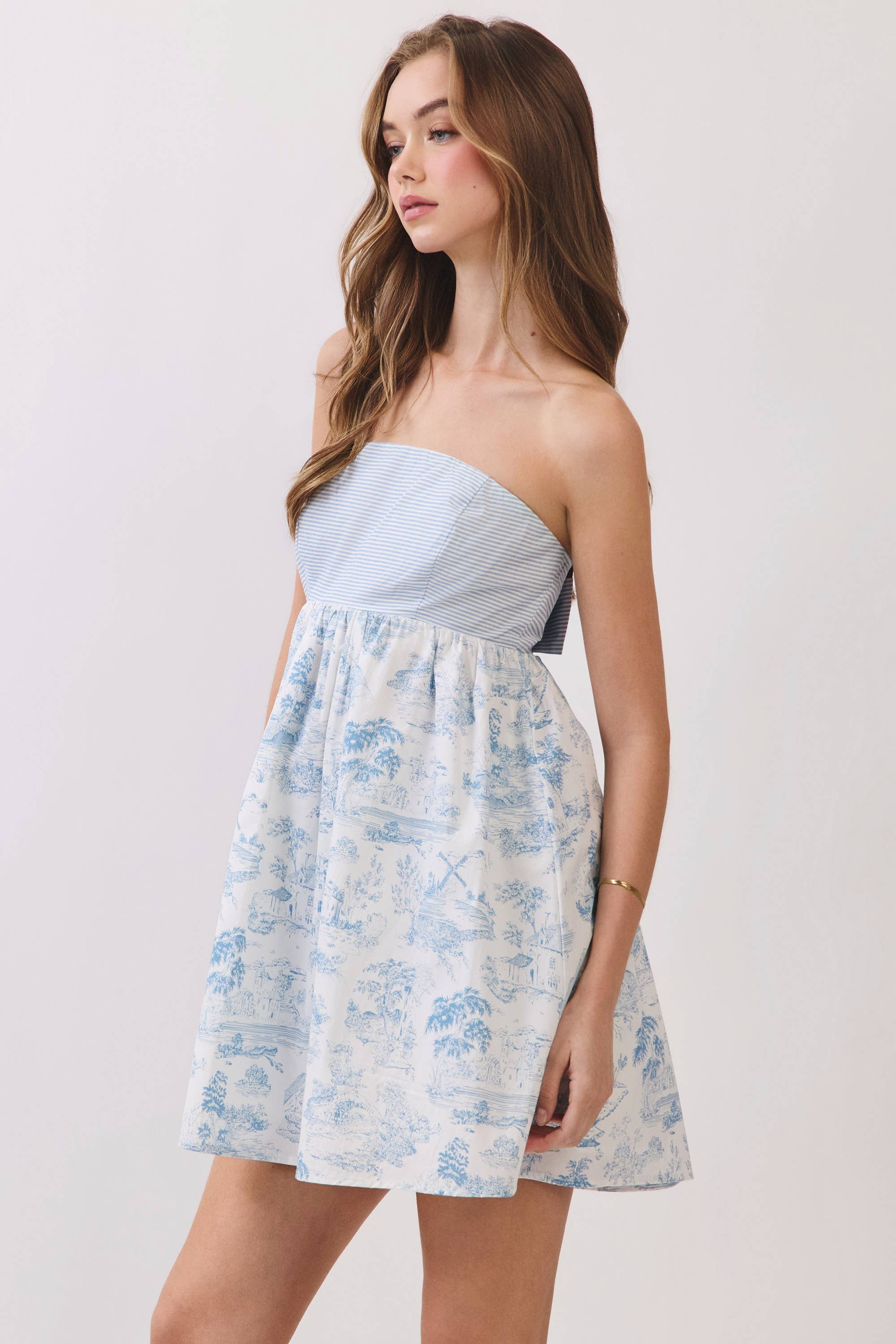 Toile Print Strapless Bow Back Mini Dress
