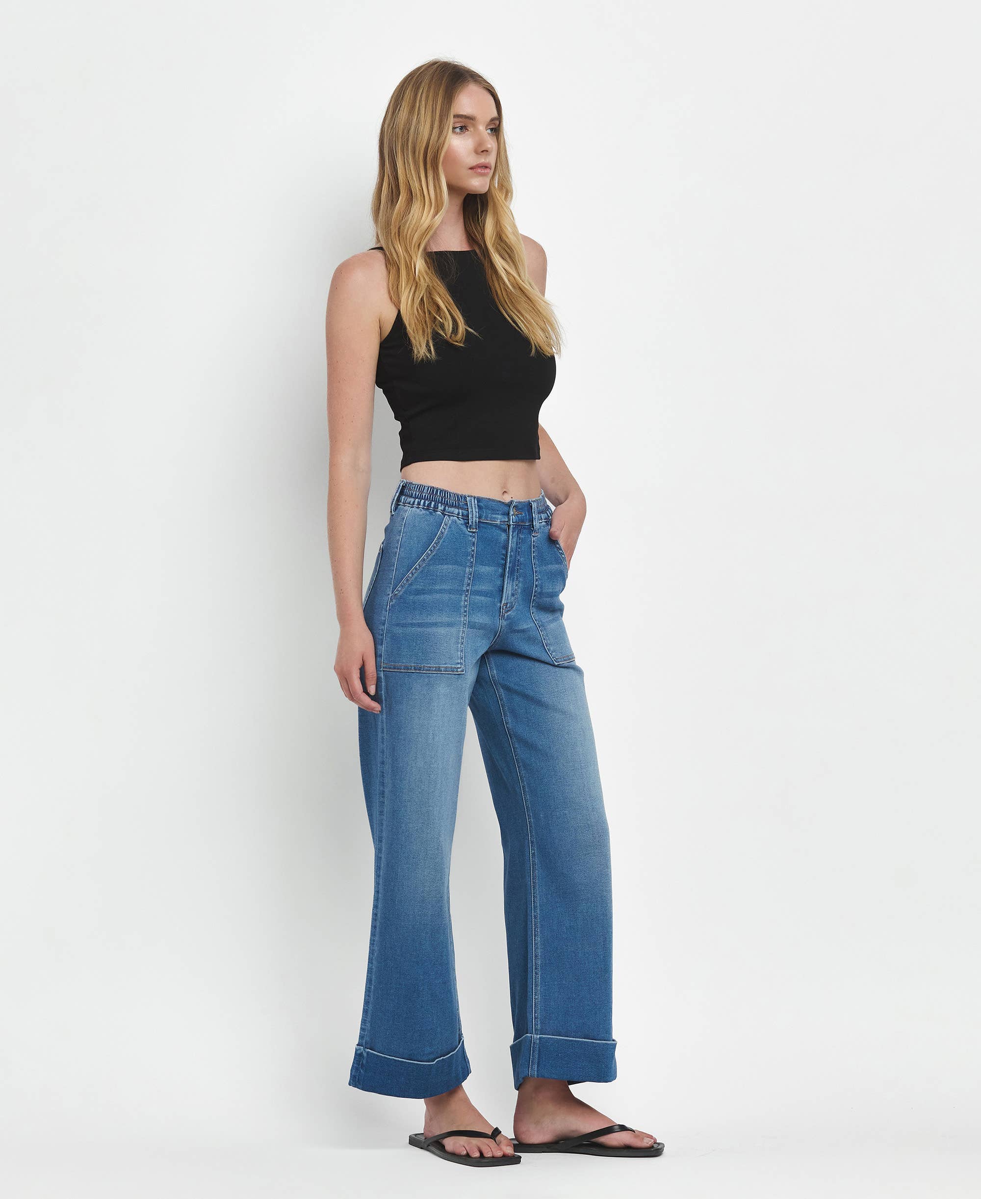 VERVET High Rise Double Cuffed Baggy Wide Cropped Jeans