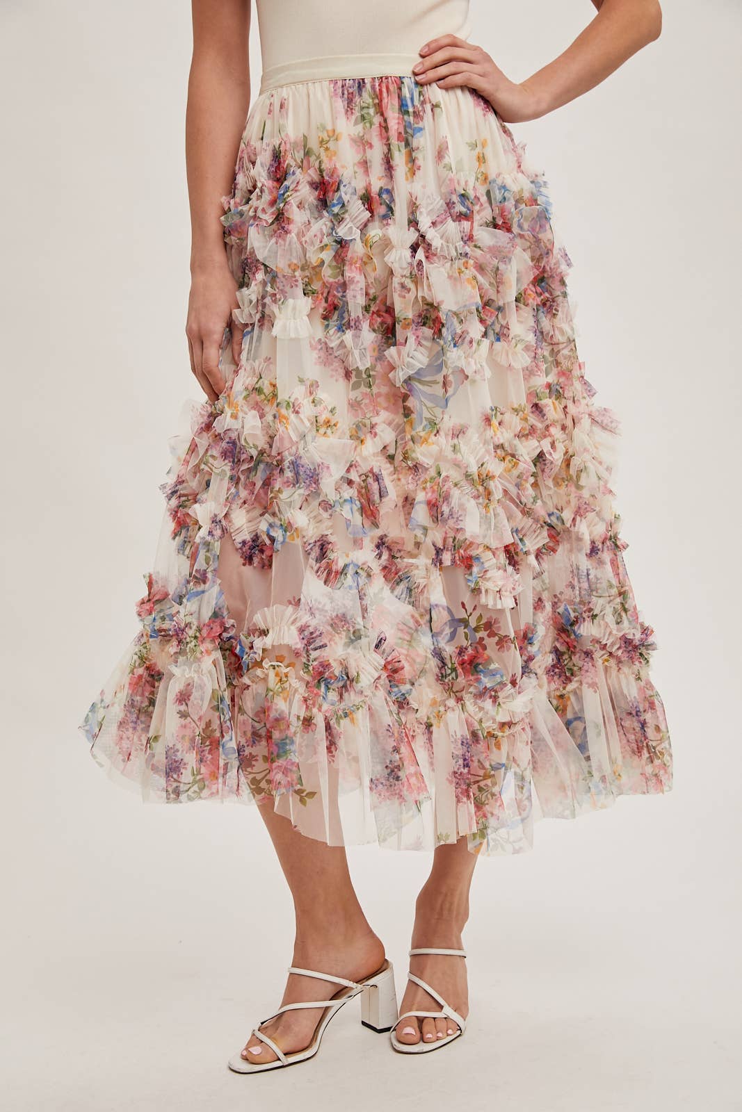Floral Ruffled Mesh Midi Skirt with Lining