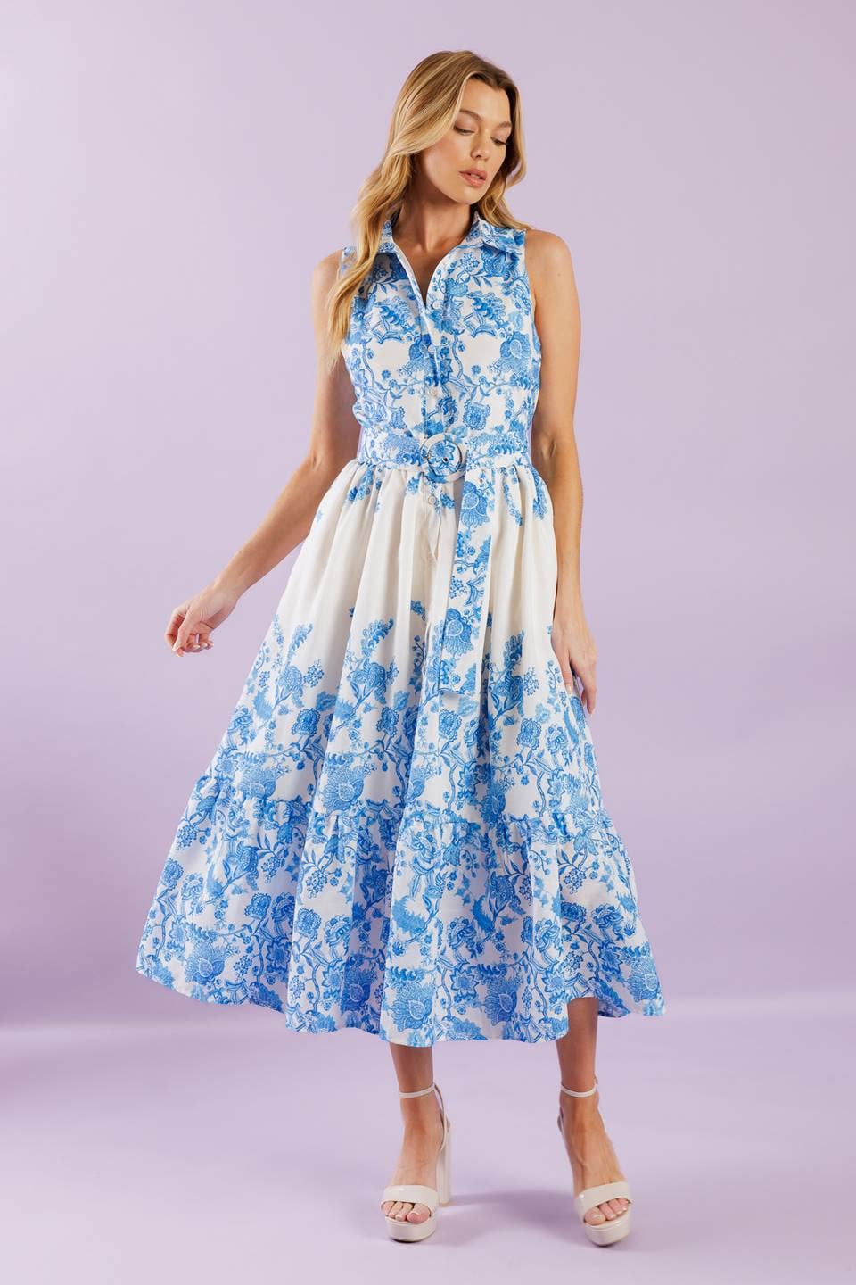 Blue and White Floral Belted Midi Dress