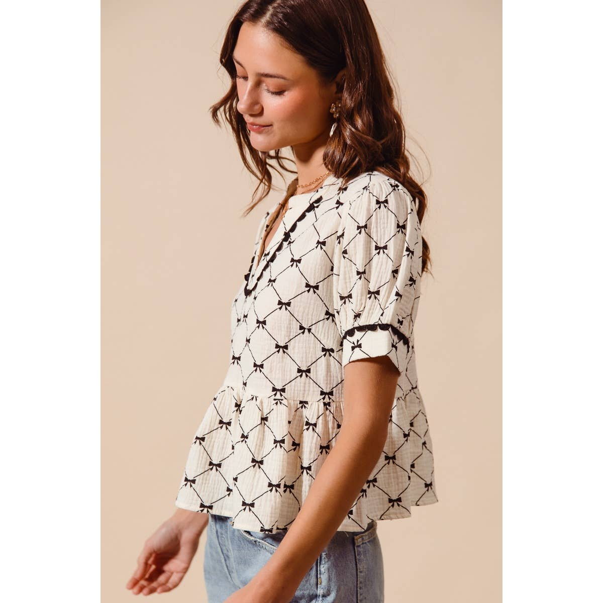 Bow Ribbon Printed Gauze Peplum Top