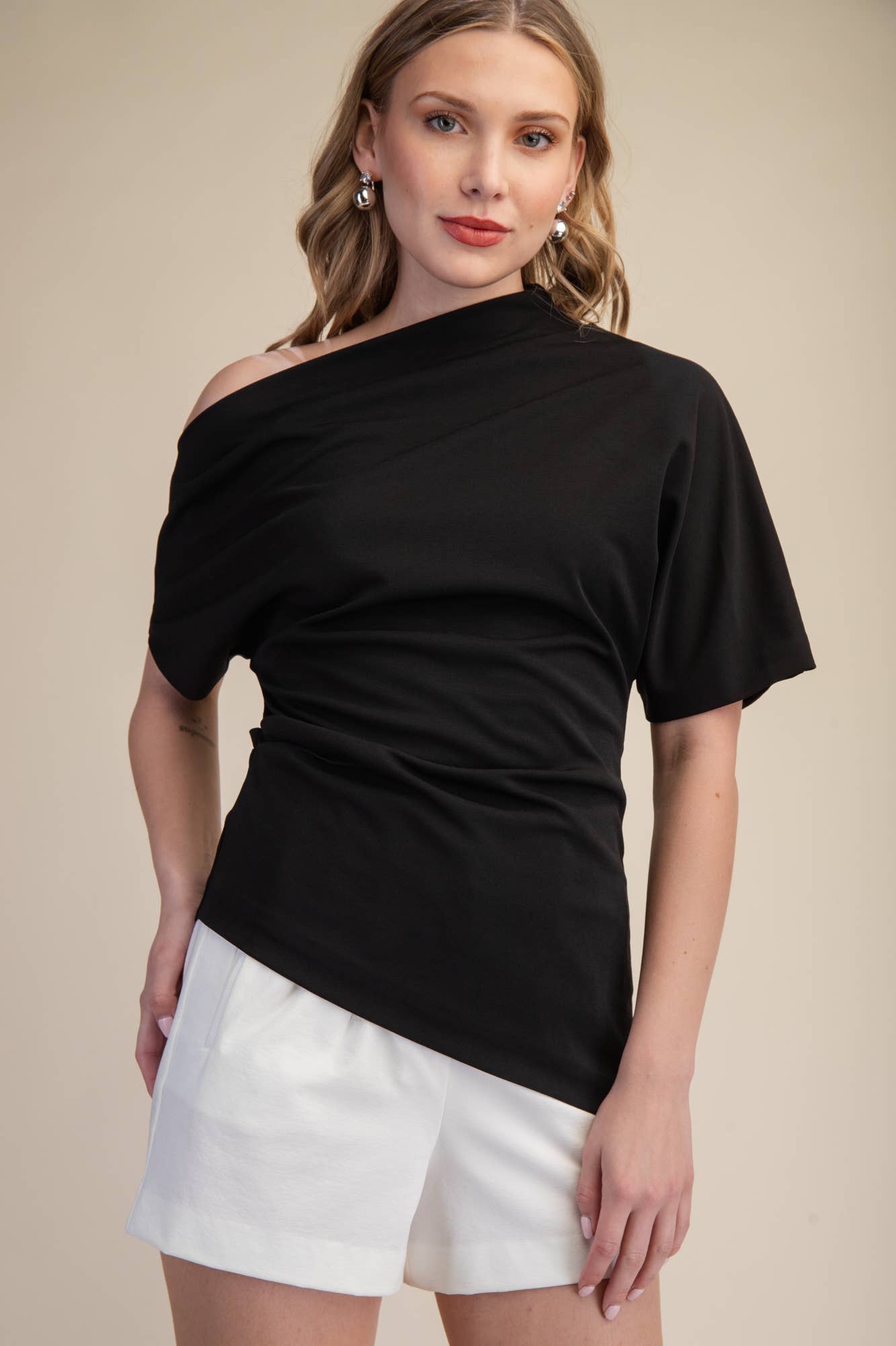 Asymmetric Draped Neck Gathered Blouse - Black or Taupe